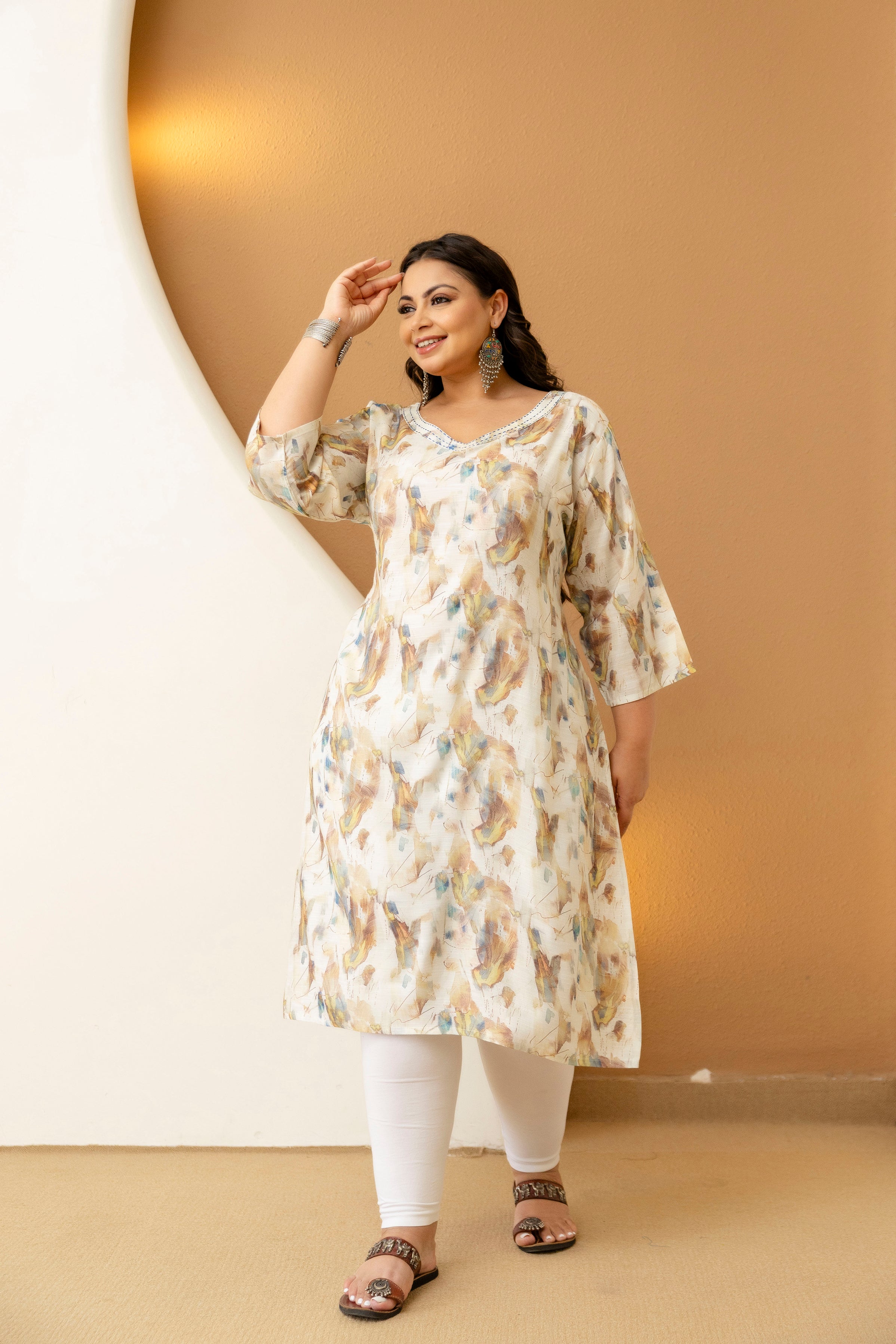 Cream Floral Plus Size Kurti