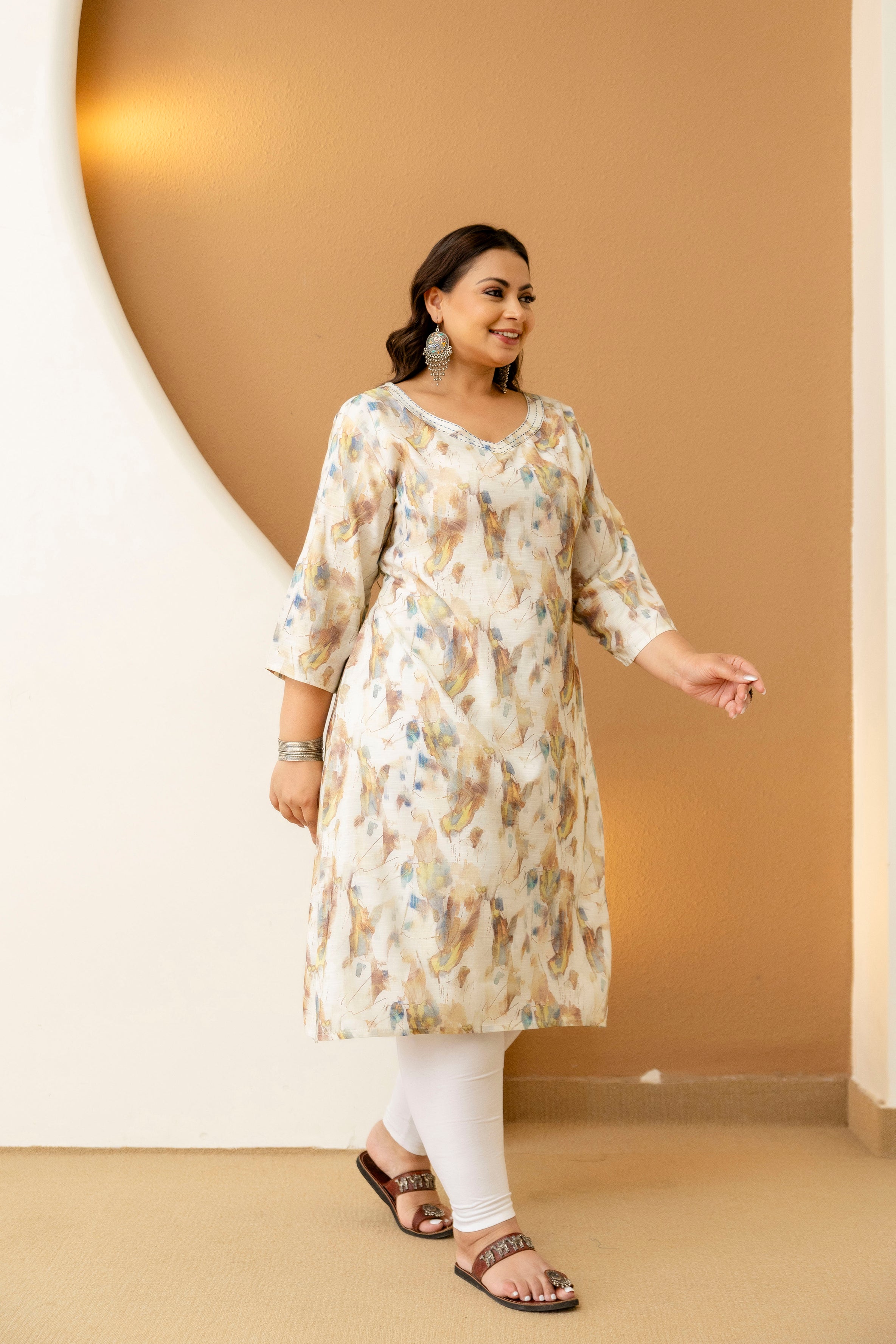 Cream Floral Plus Size Kurti