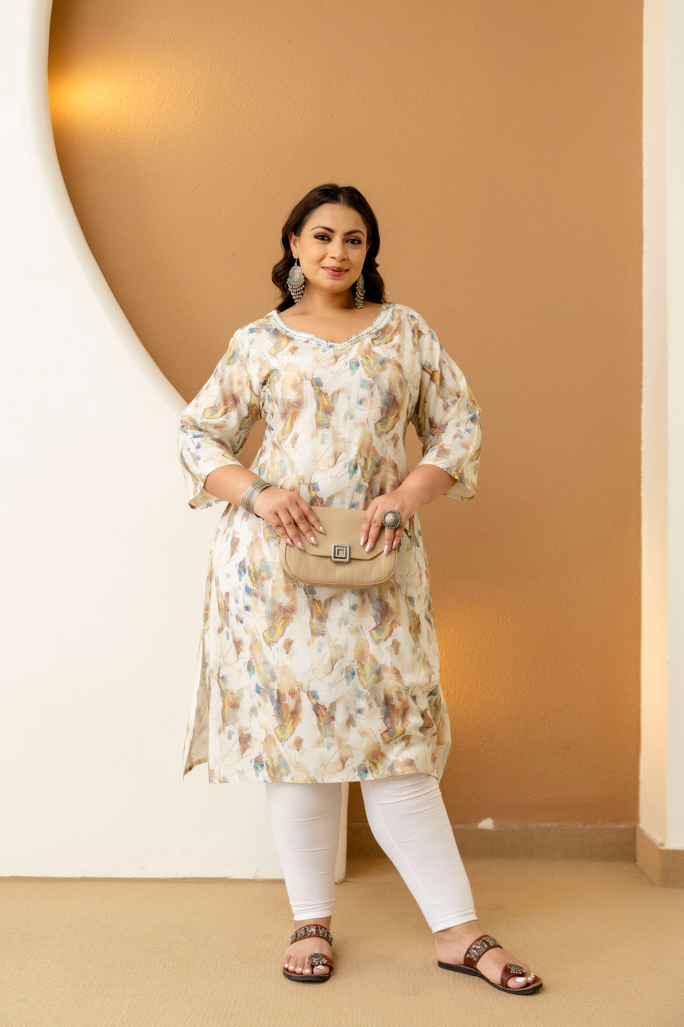 Cream Floral Plus Size Kurti