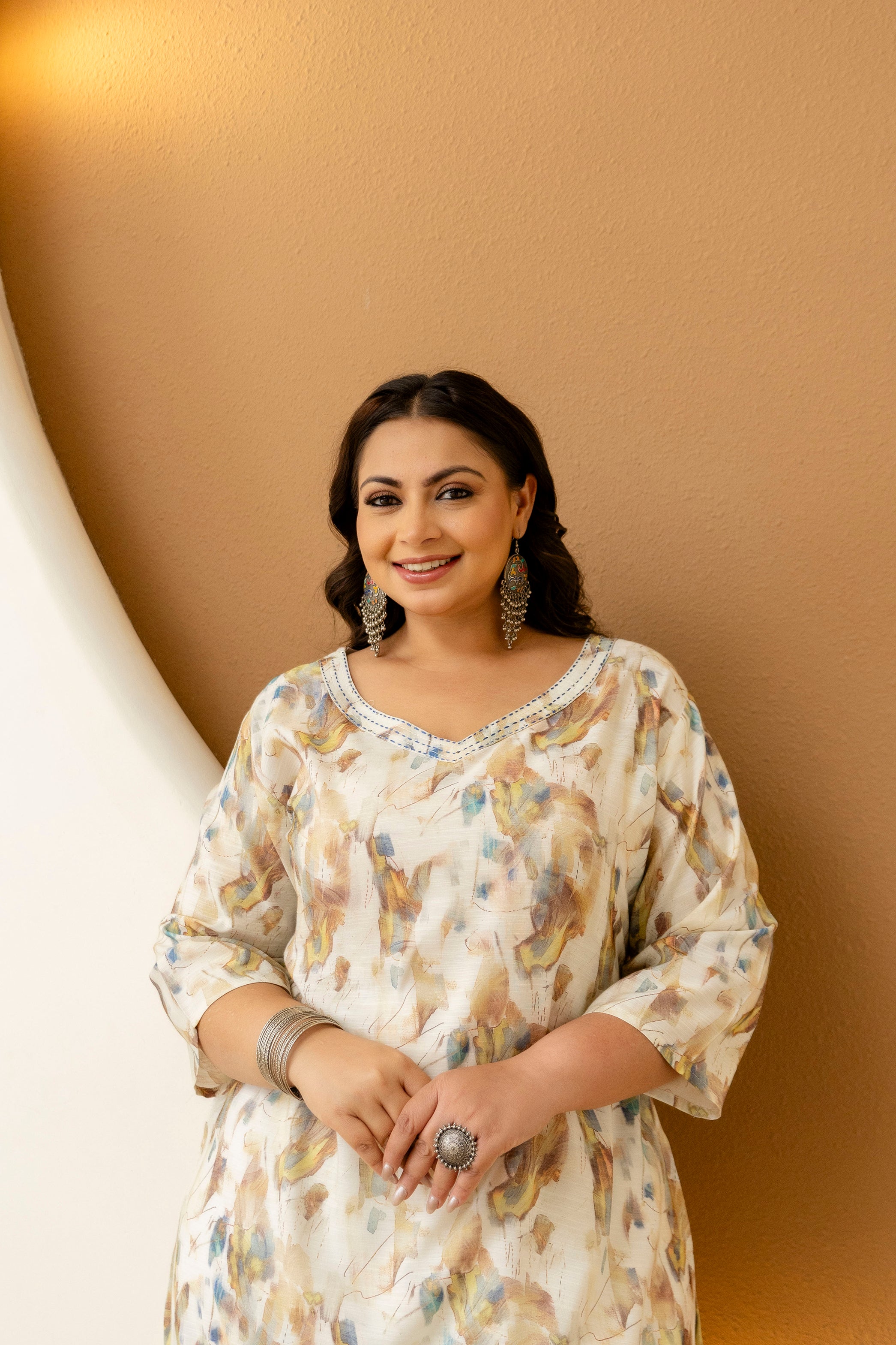 Cream Floral Plus Size Kurti