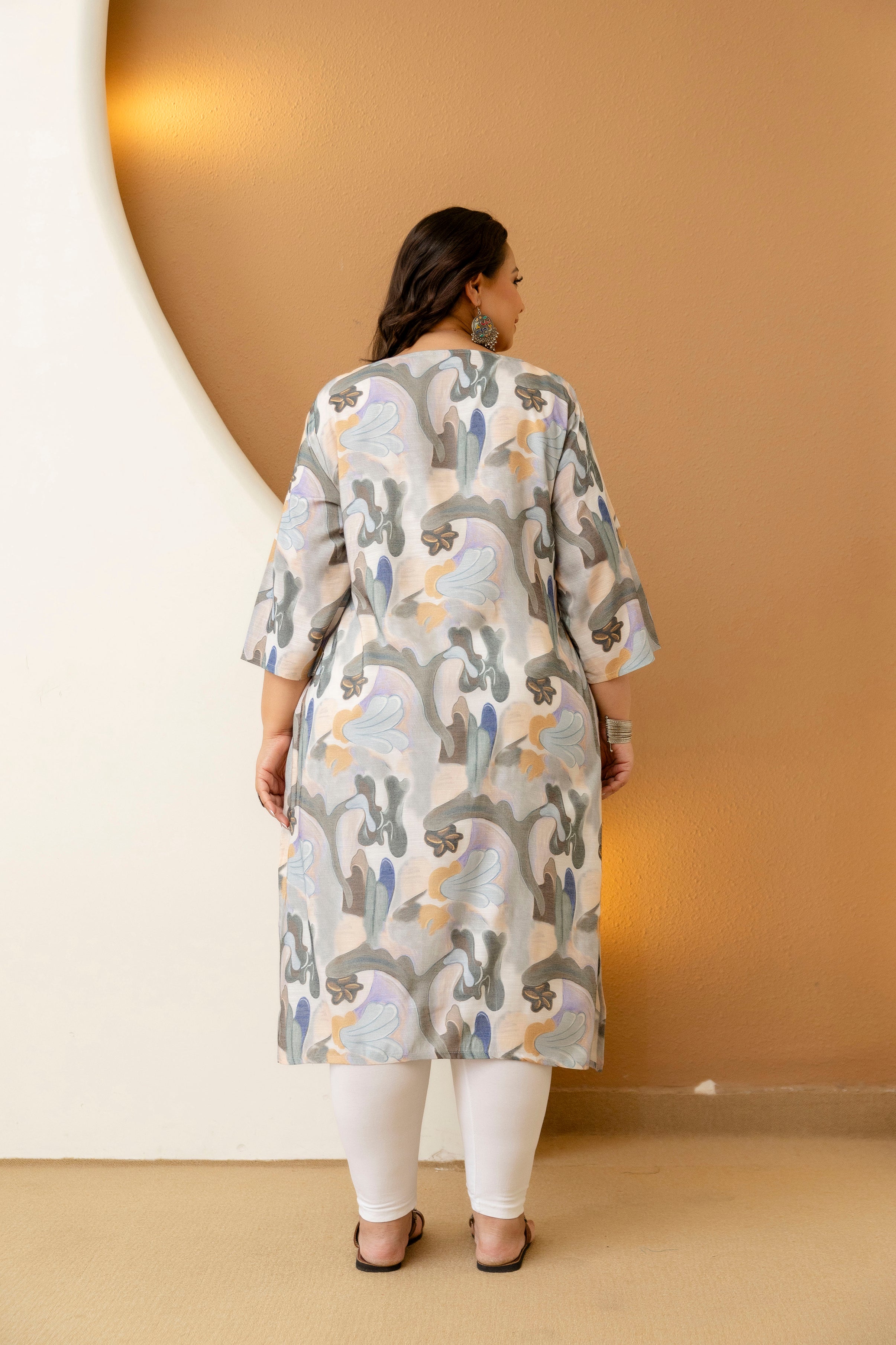 Grey Beige Floral Plus Size Kurti