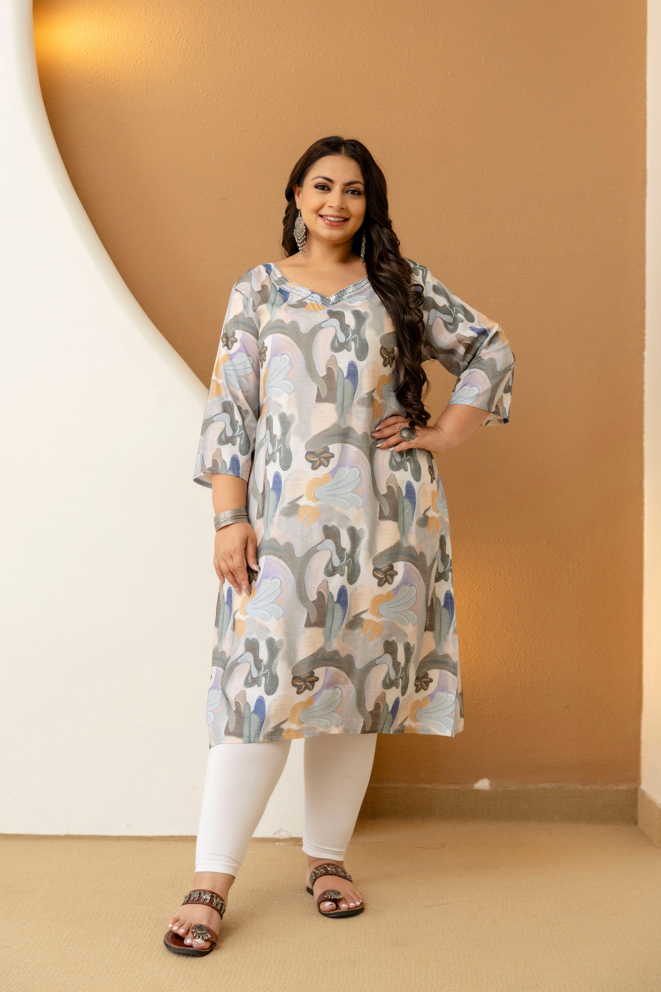Grey Beige Floral Plus Size Kurti