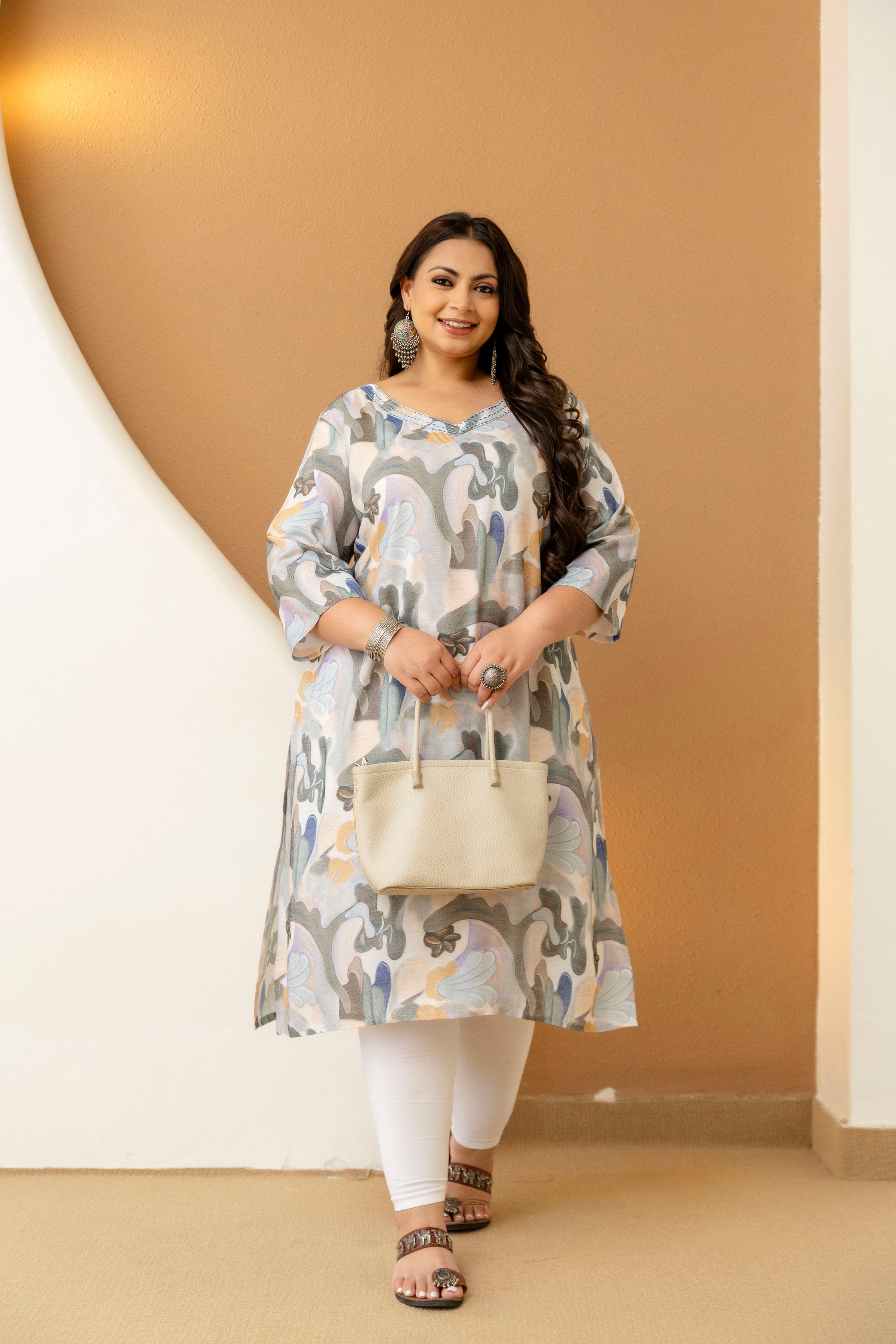 Grey Beige Floral Plus Size Kurti
