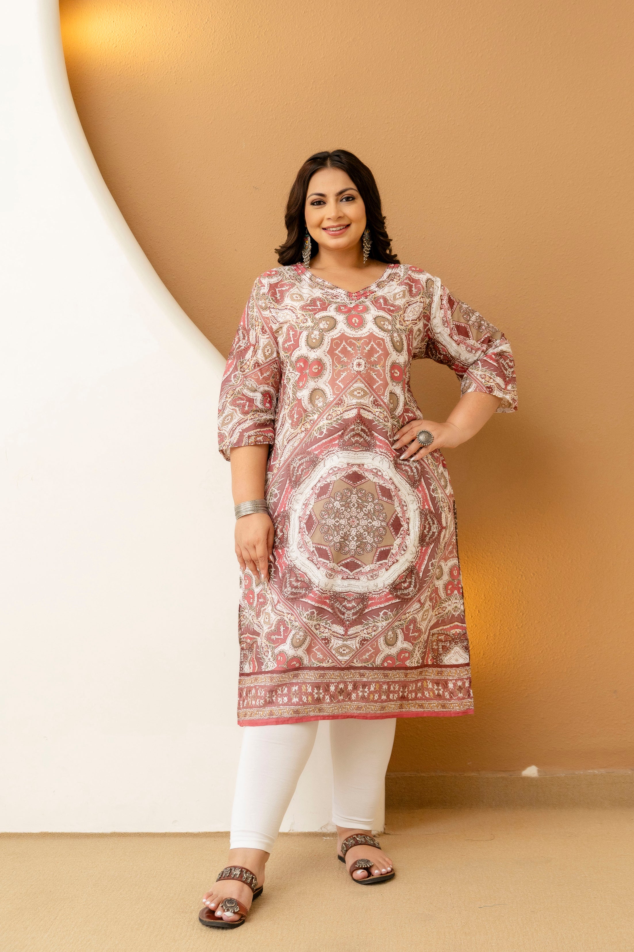 Beige Floral Plus Size Kurti