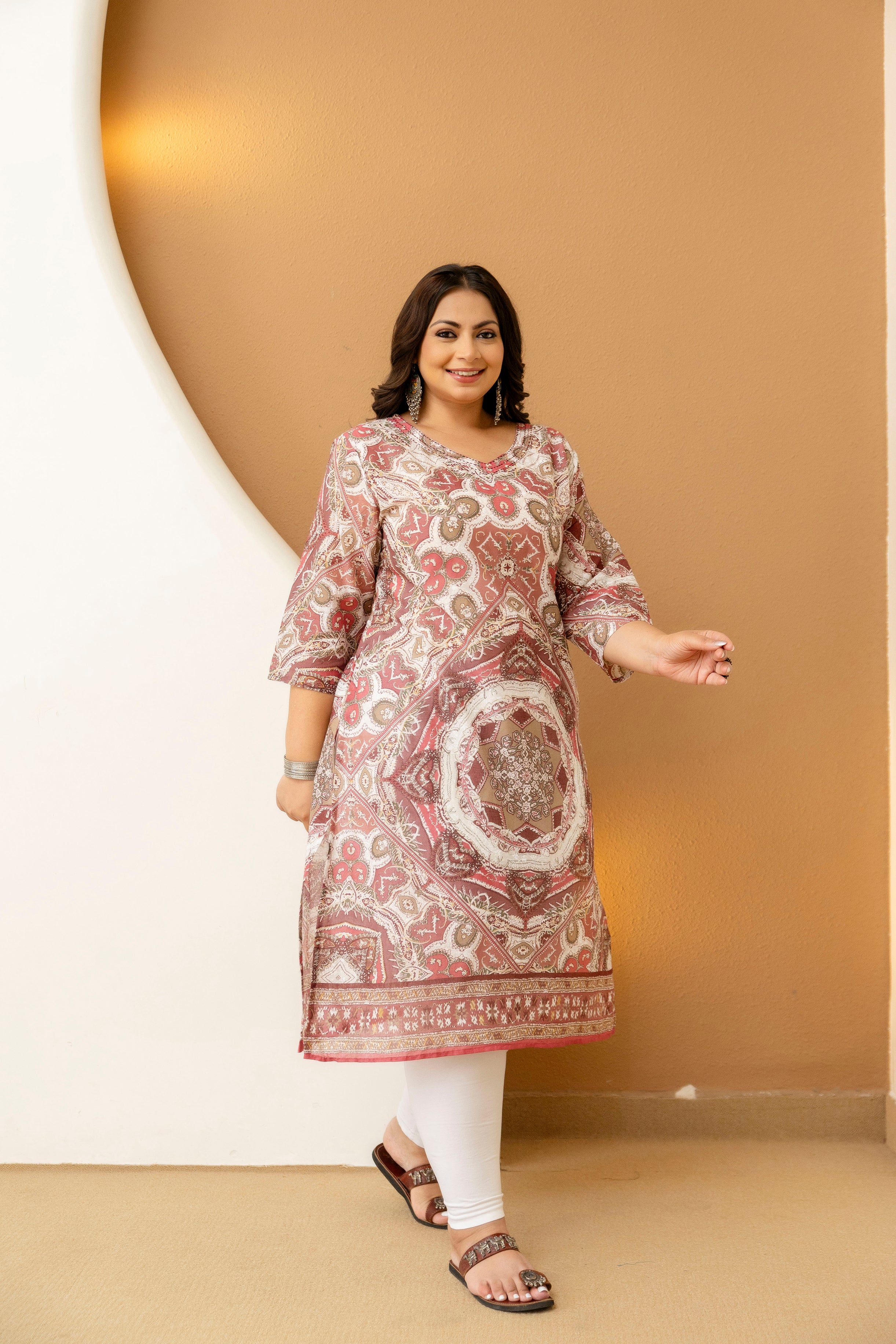 Beige Floral Plus Size Kurti