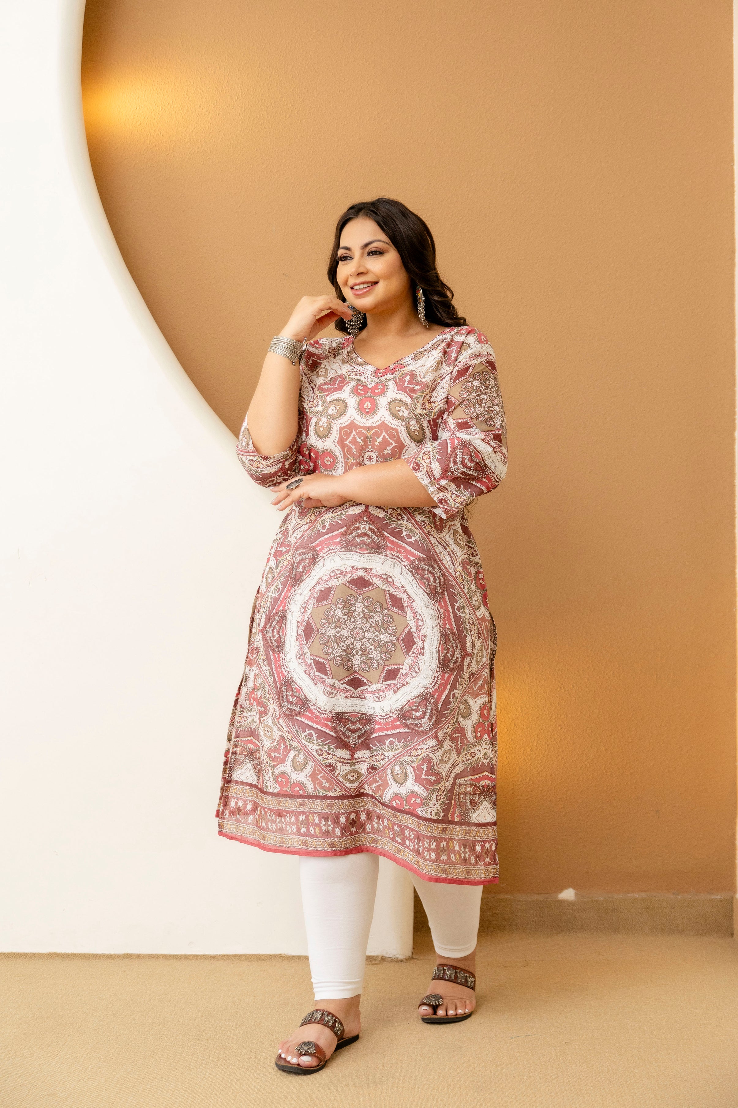 Beige Floral Plus Size Kurti