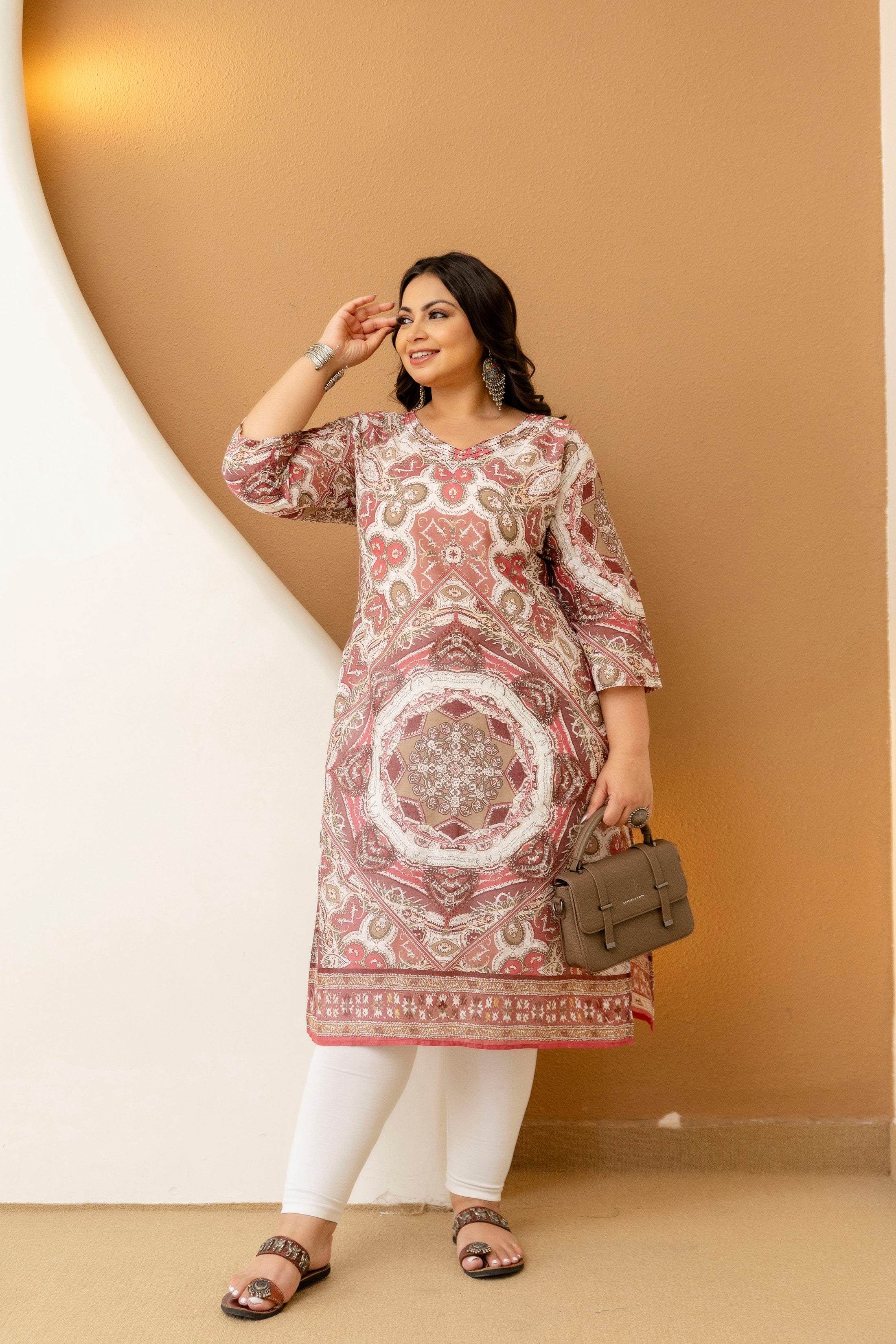 Beige Floral Plus Size Kurti