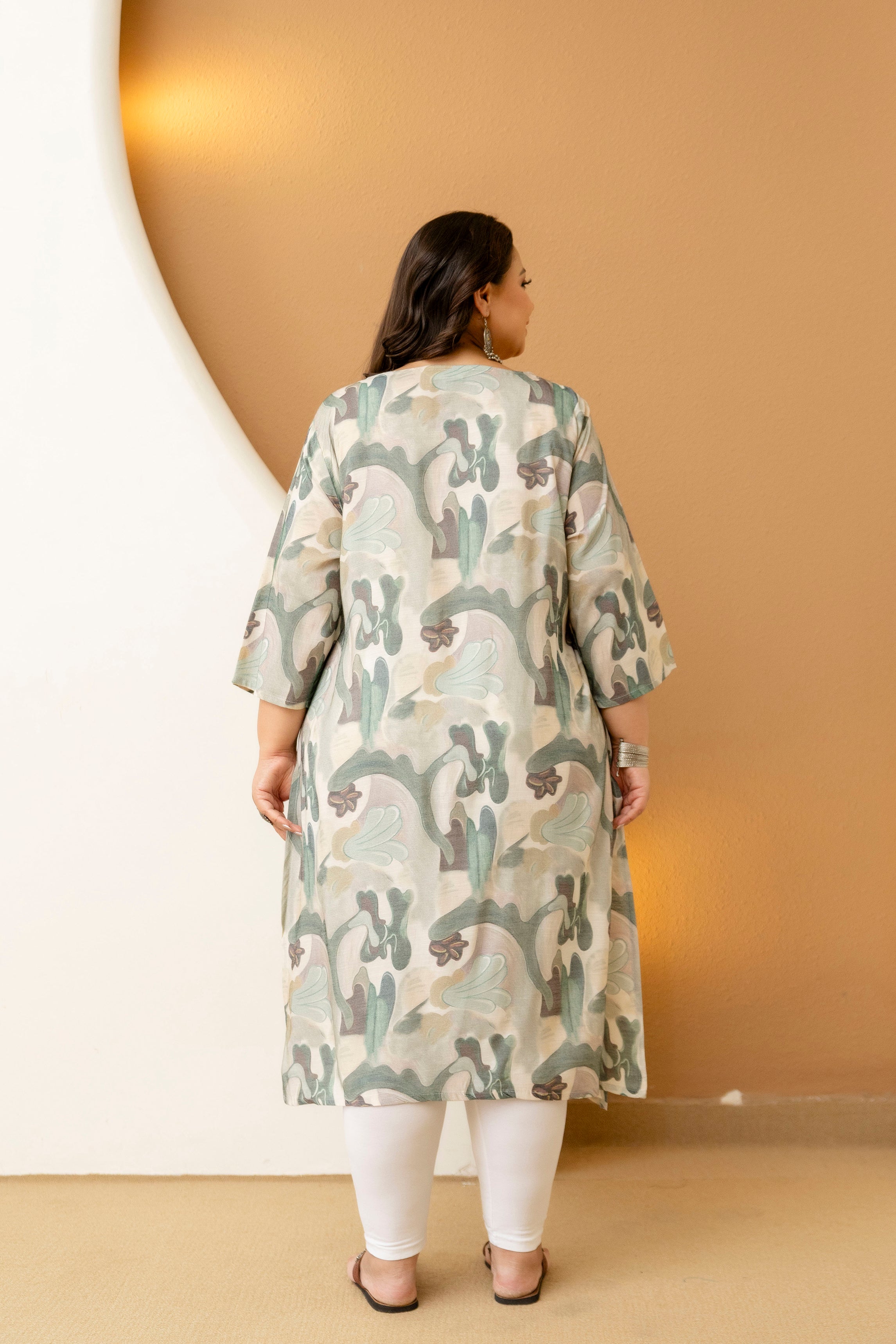 Green Beige Floral Plus Size Kurti