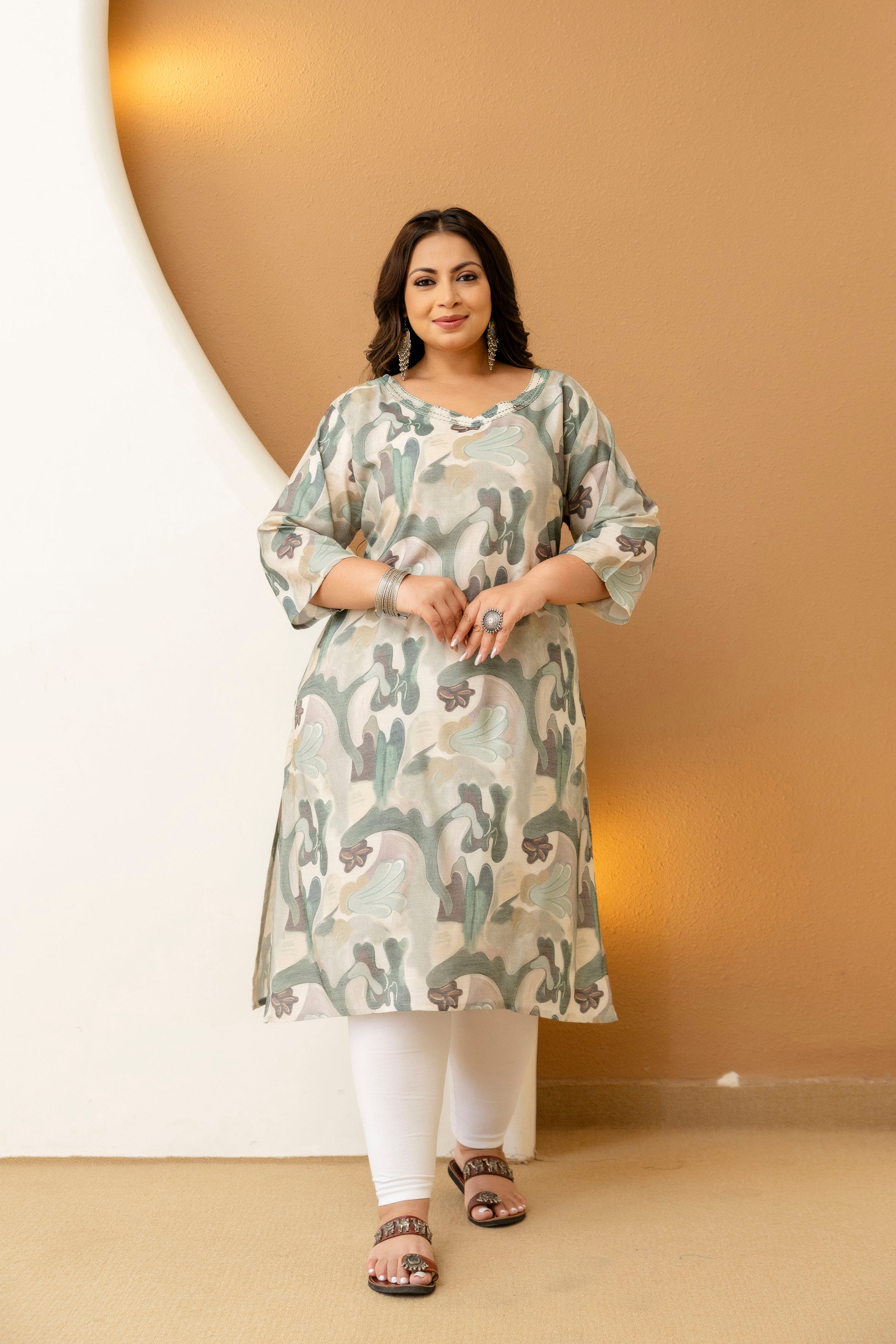 Green Beige Floral Plus Size Kurti