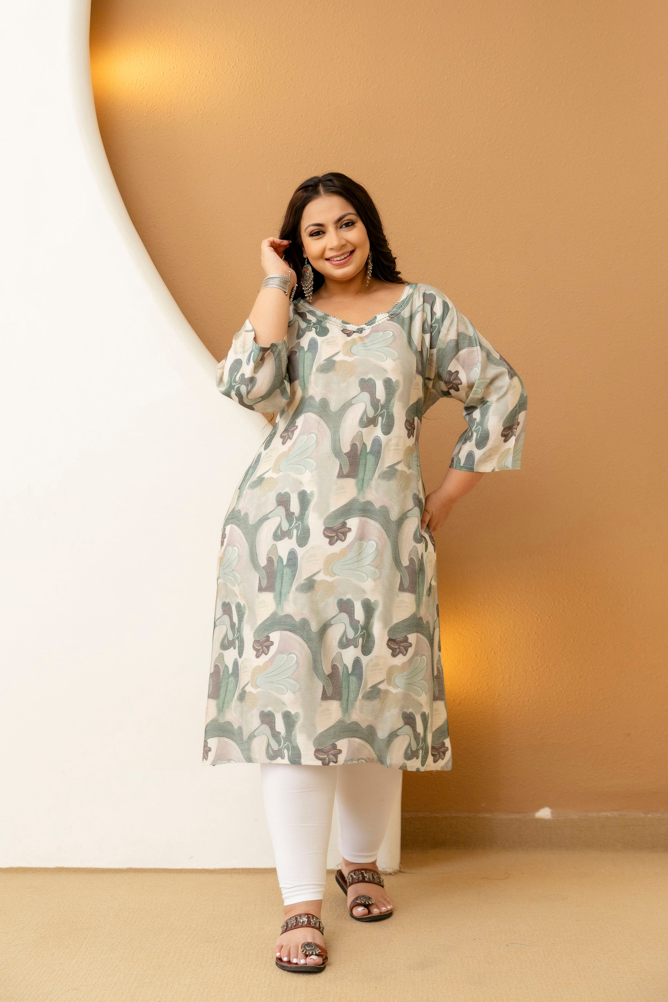 Green Beige Floral Plus Size Kurti