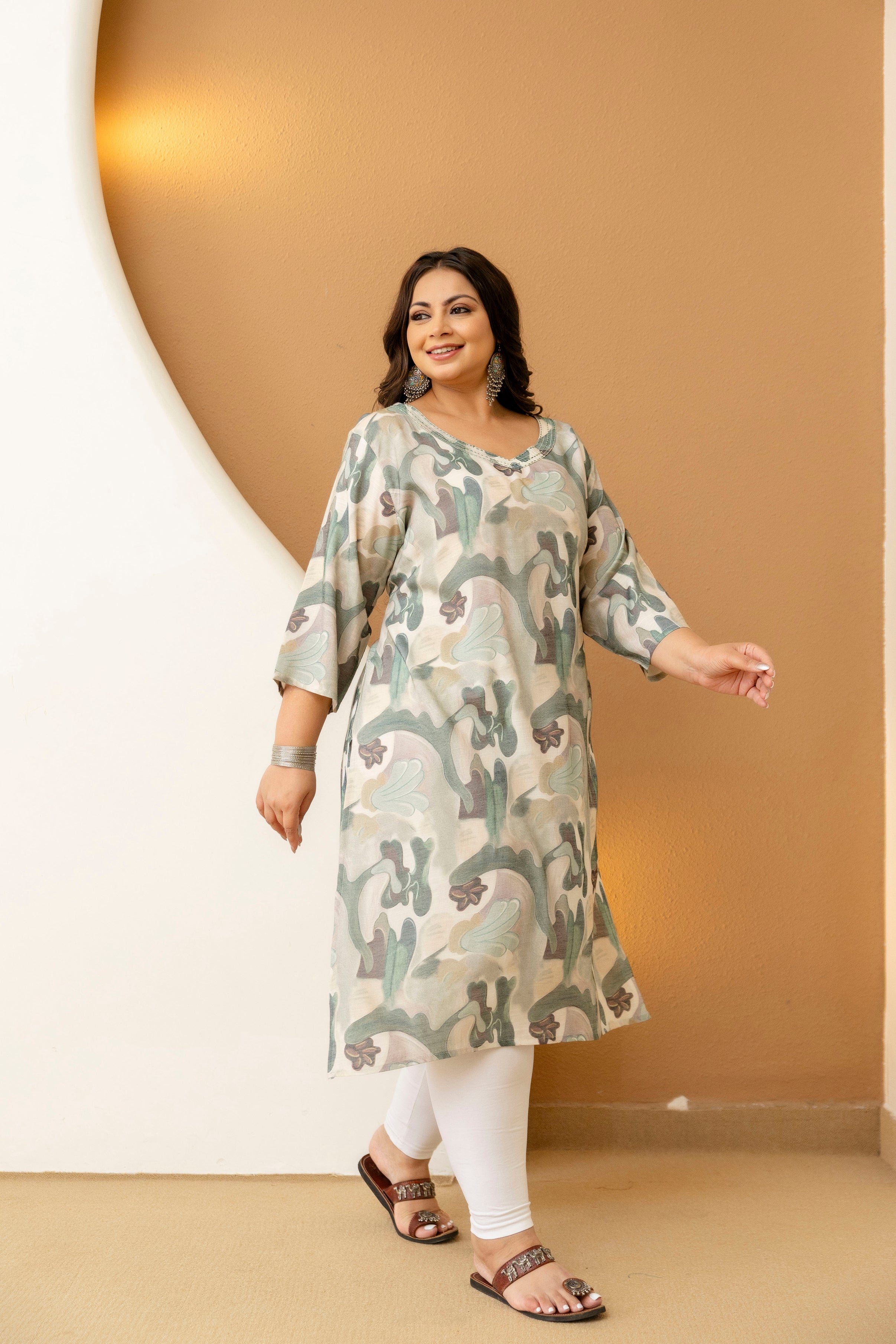 Green Beige Floral Plus Size Kurti