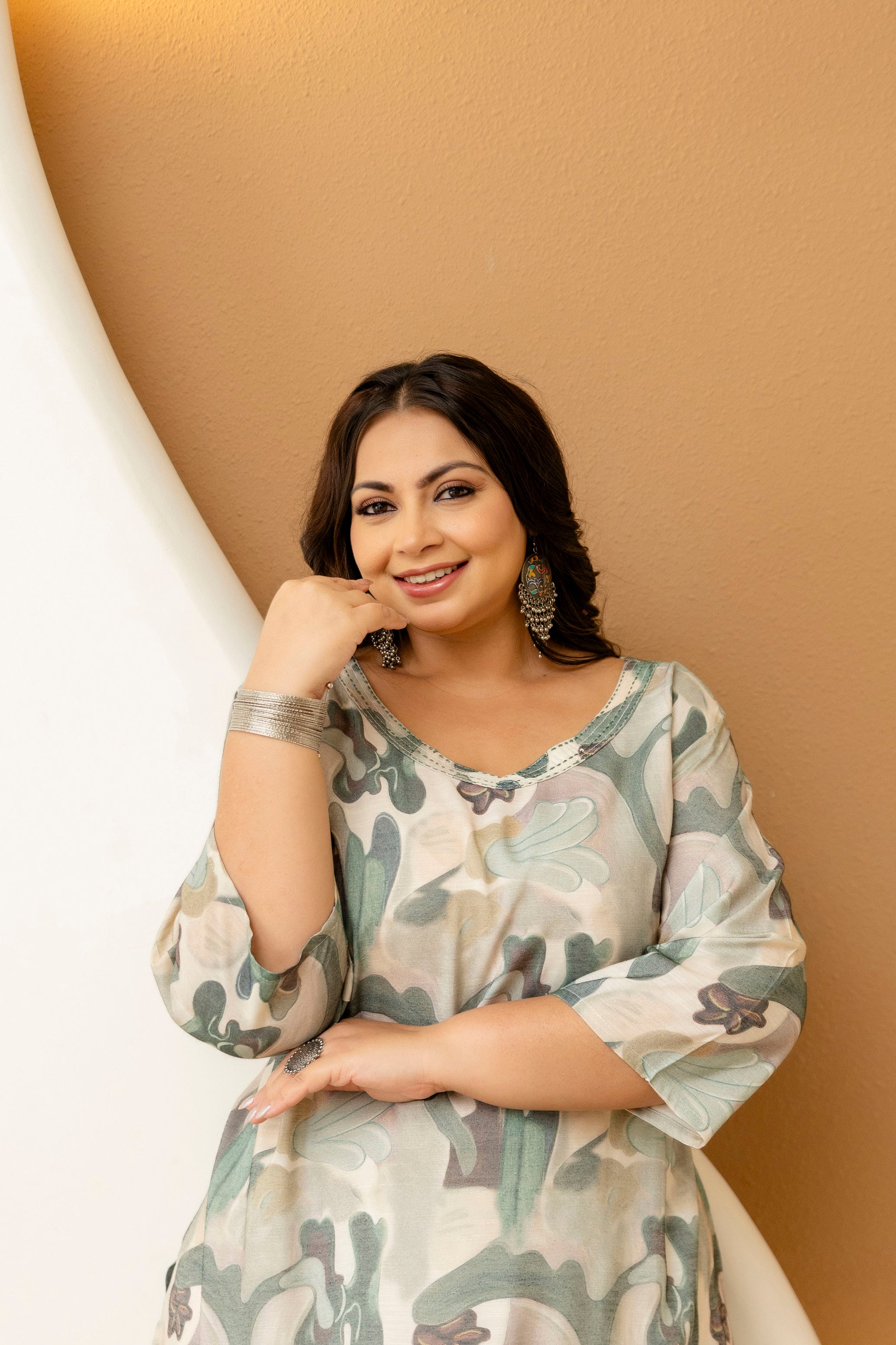 Green Beige Floral Plus Size Kurti