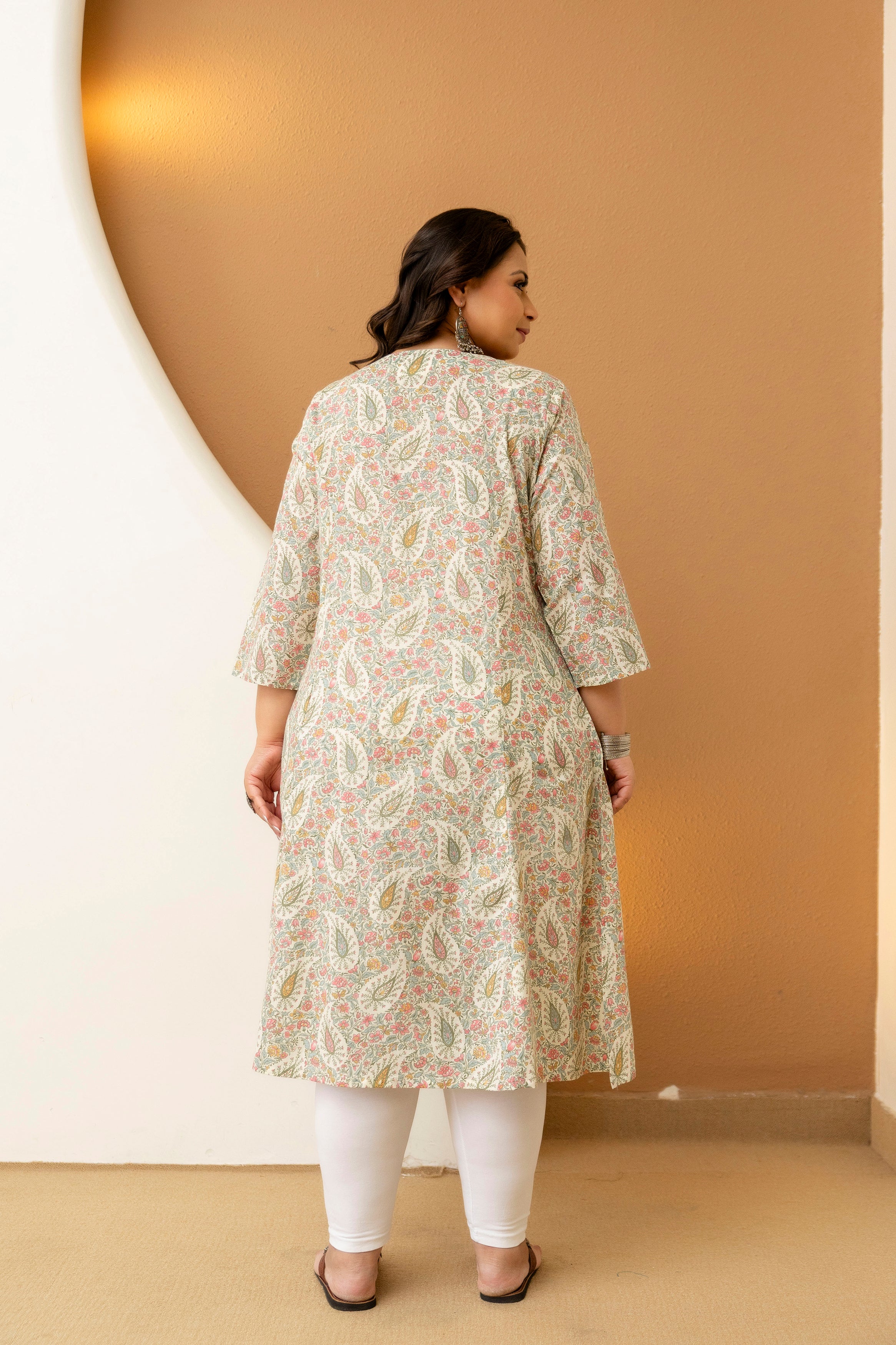 Peach Cream Floral Plus Size Kurti
