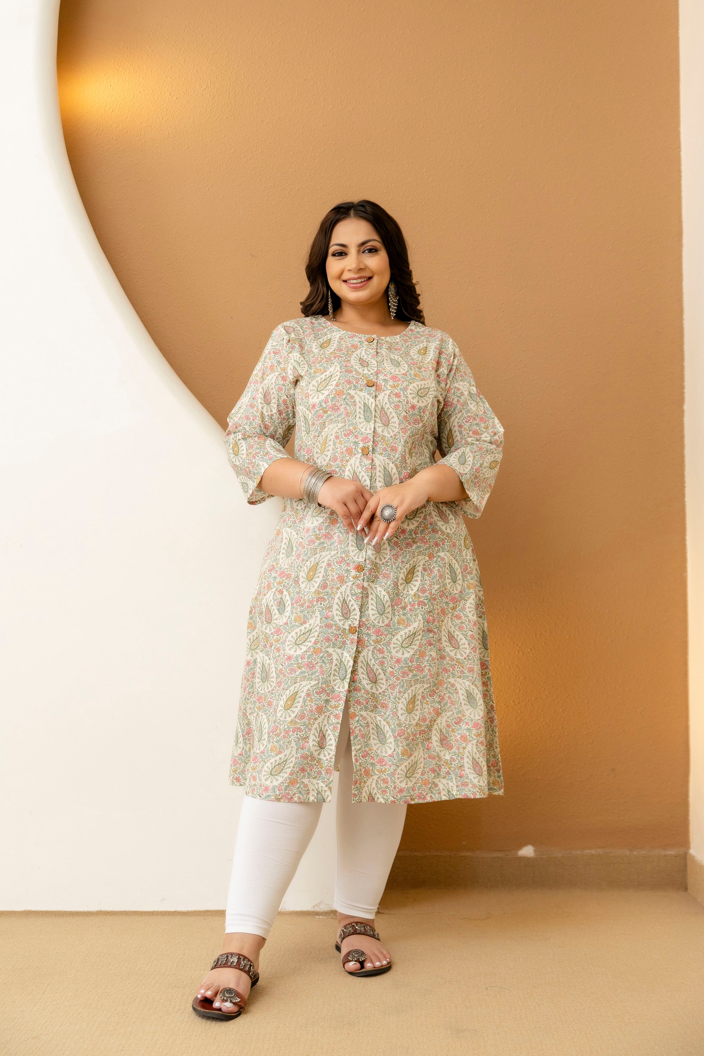 Peach Cream Floral Plus Size Kurti