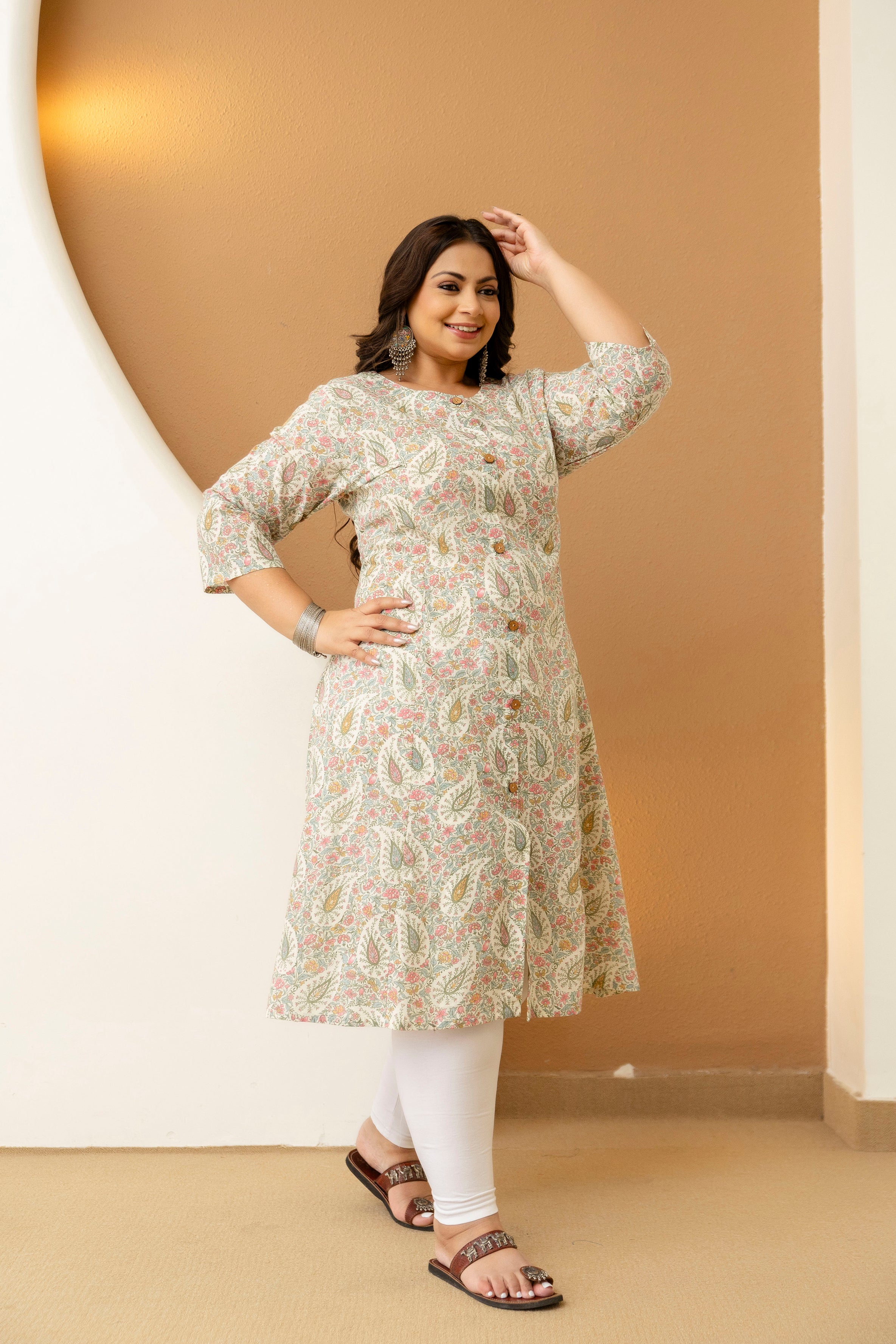 Peach Cream Floral Plus Size Kurti
