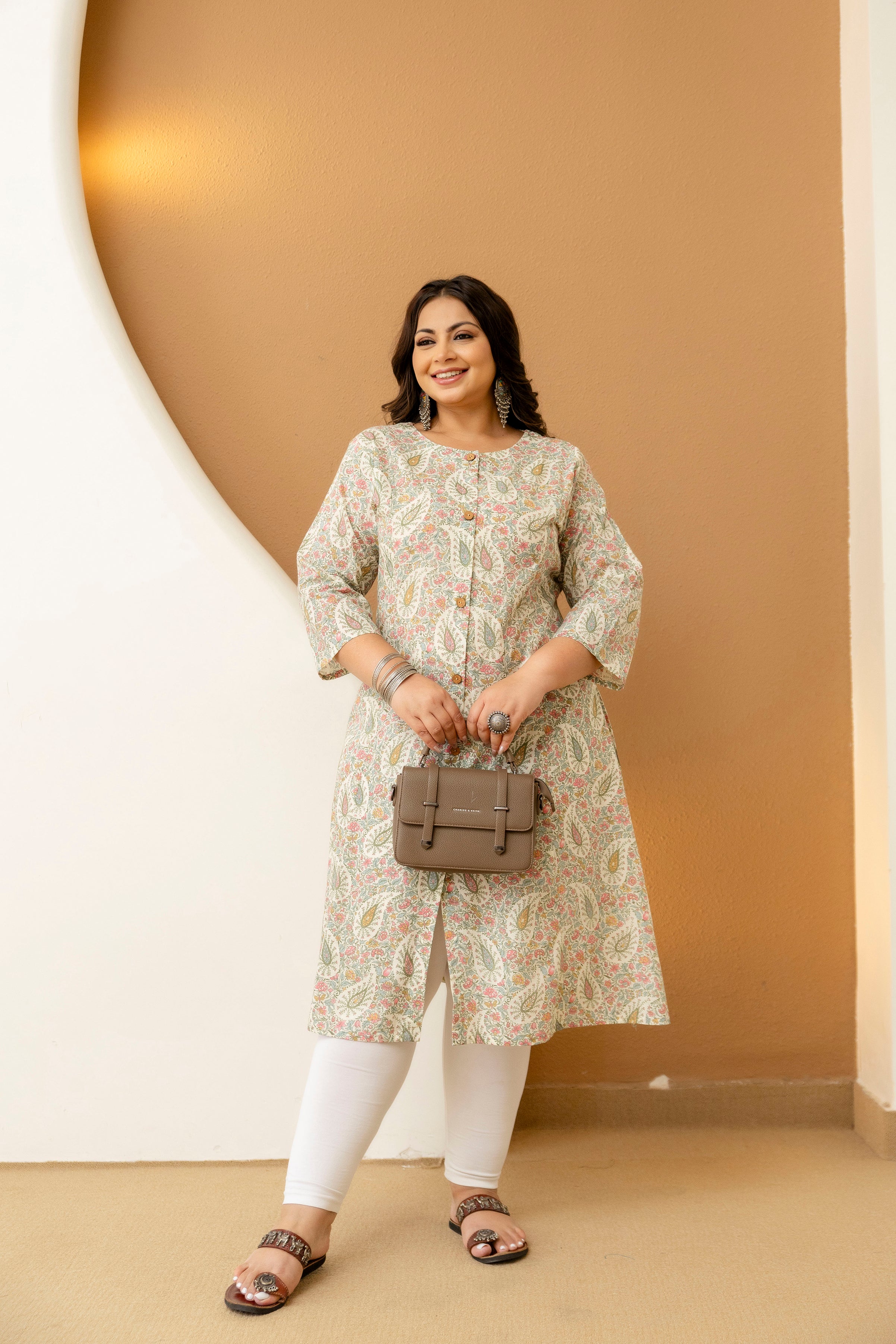 Peach Cream Floral Plus Size Kurti