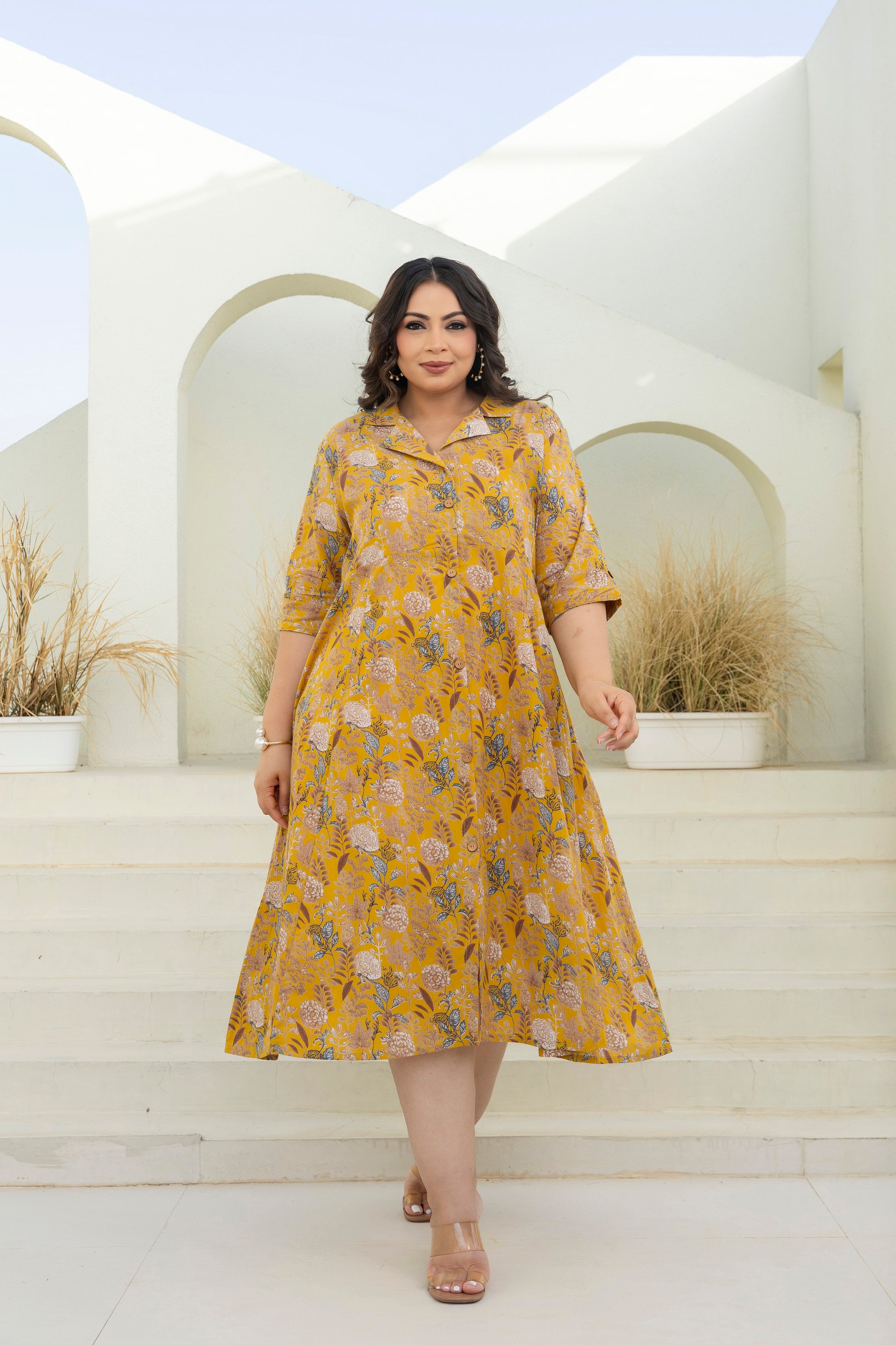Mustard Bloom Flared Dress