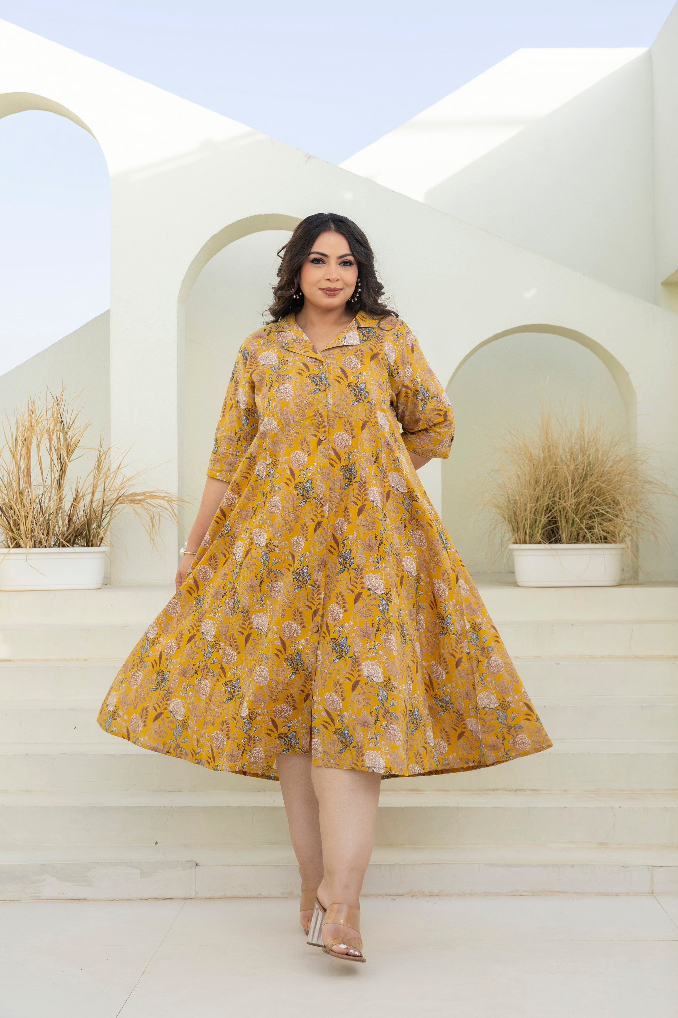 Mustard Bloom Flared Dress