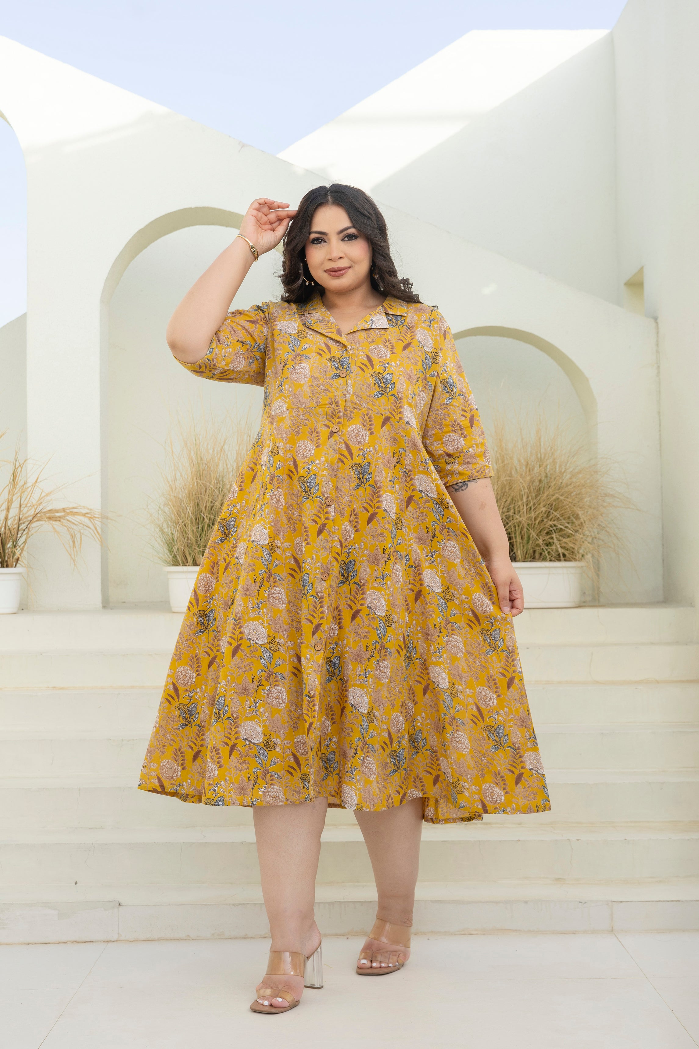 Mustard Bloom Flared Dress