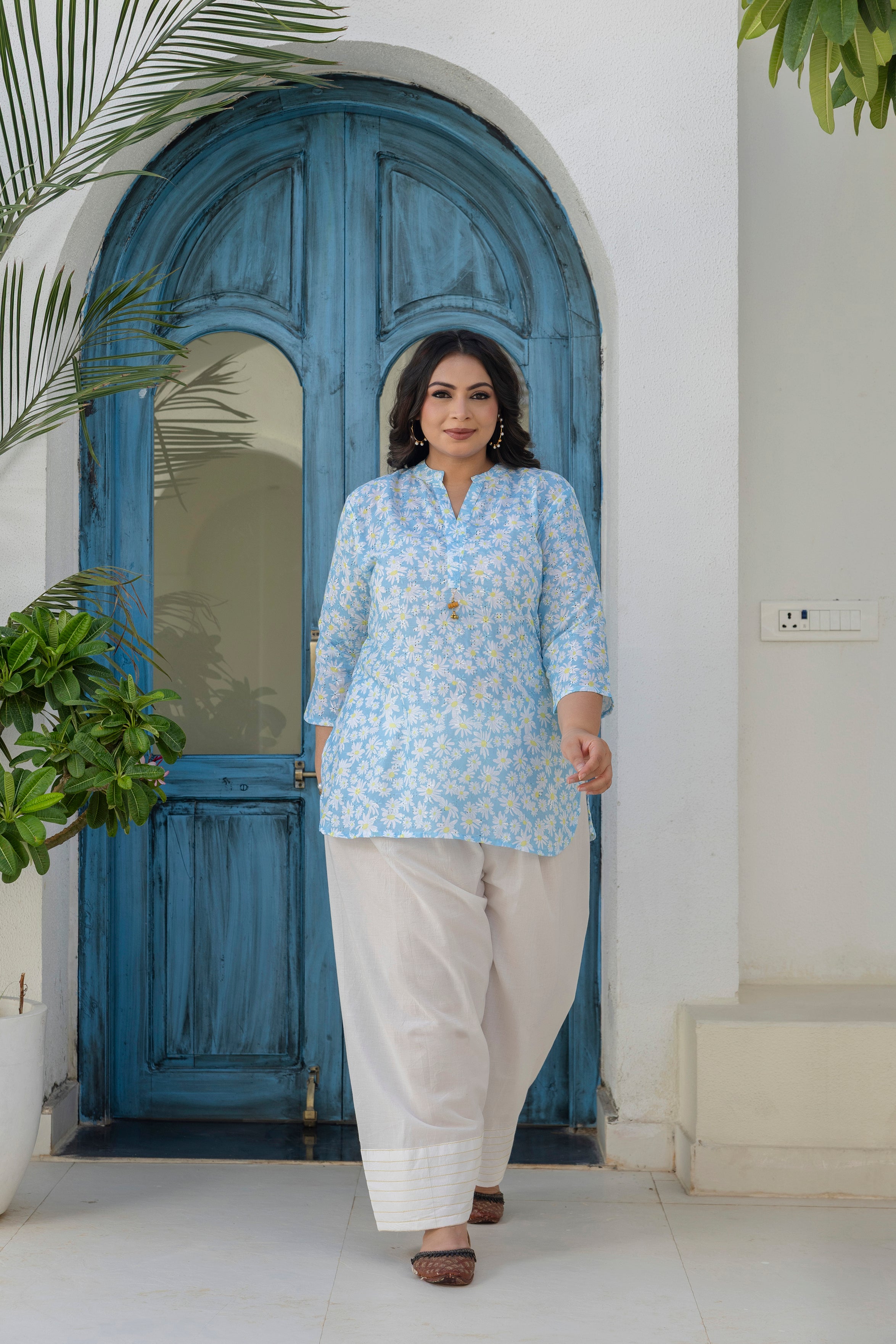 Sky Blue Daisy Bloom Short Co-ord Set with Farsi Salwar