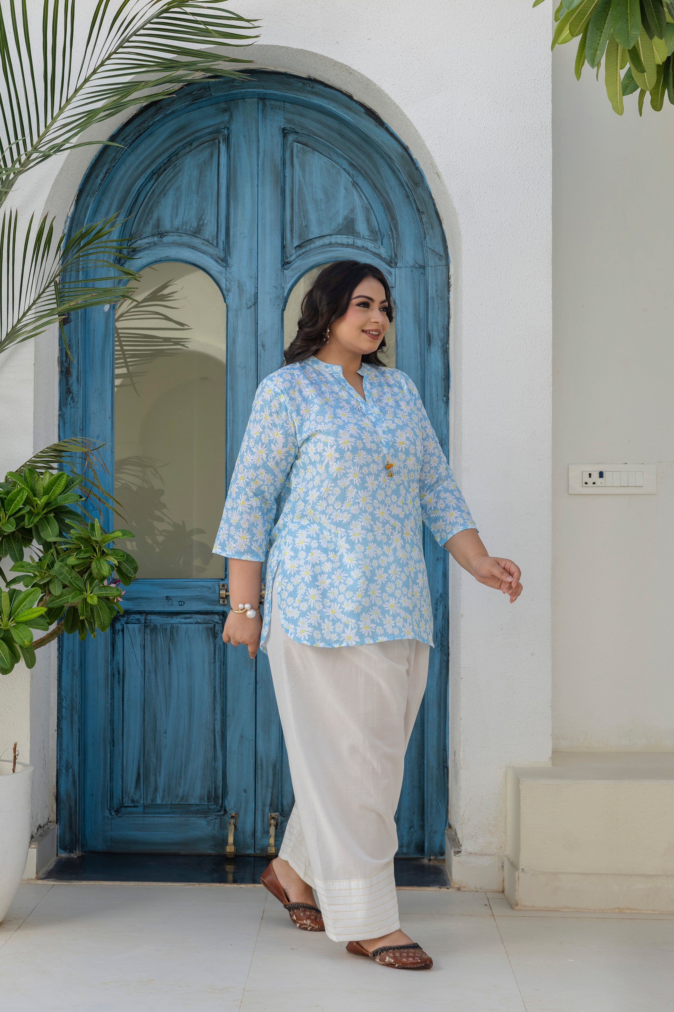 Sky Blue Daisy Bloom Short Co-ord Set with Farsi Salwar