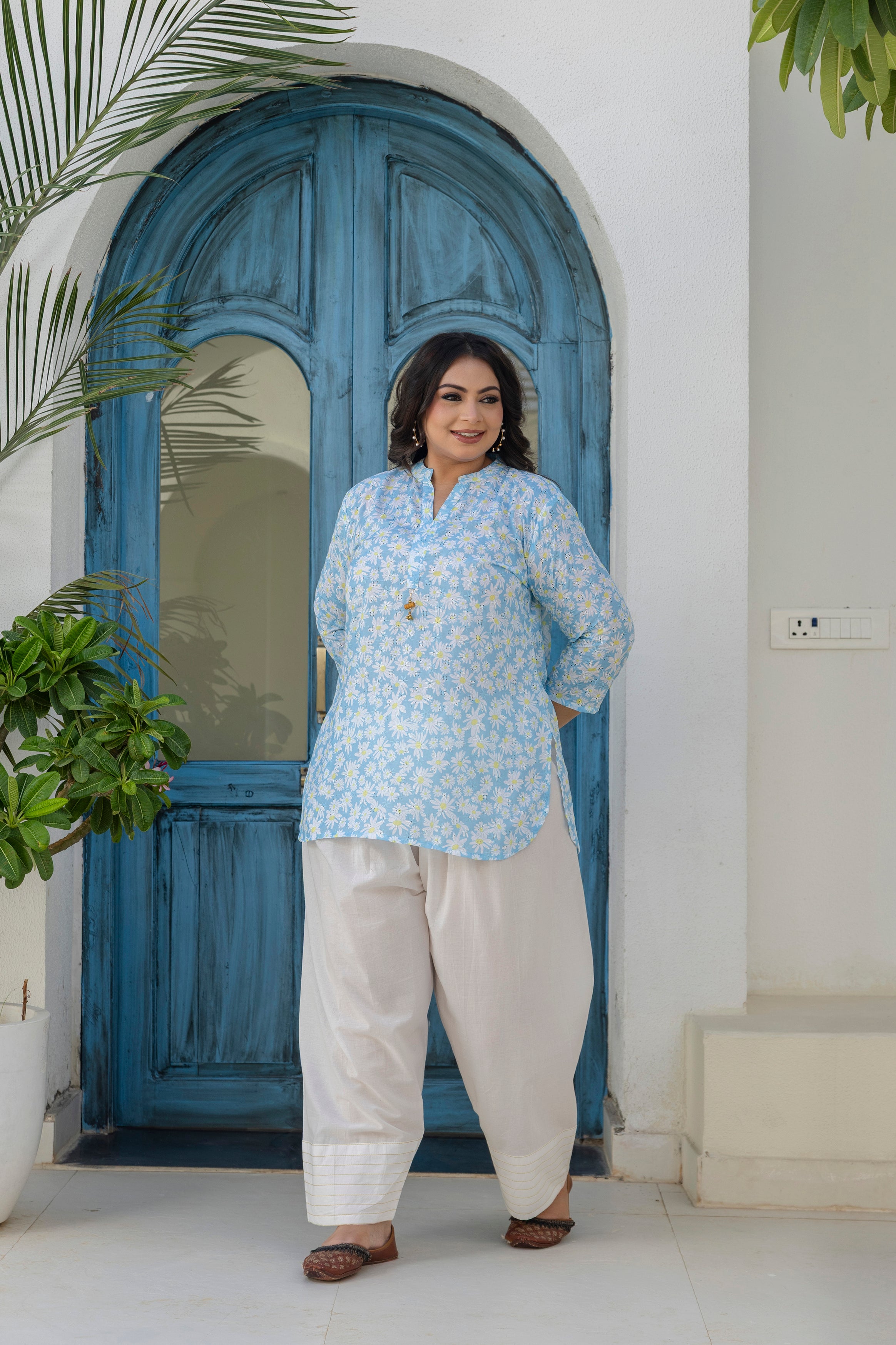 Sky Blue Daisy Bloom Short Co-ord Set with Farsi Salwar