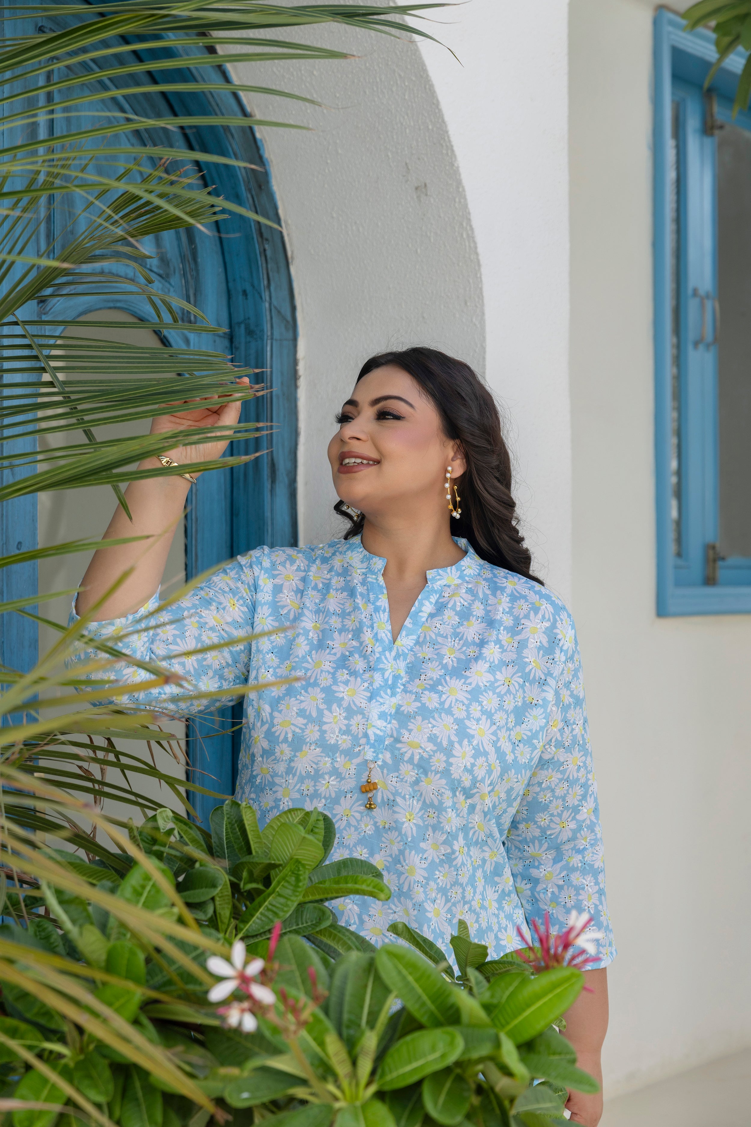 Sky Blue Daisy Bloom Short Co-ord Set with Farsi Salwar