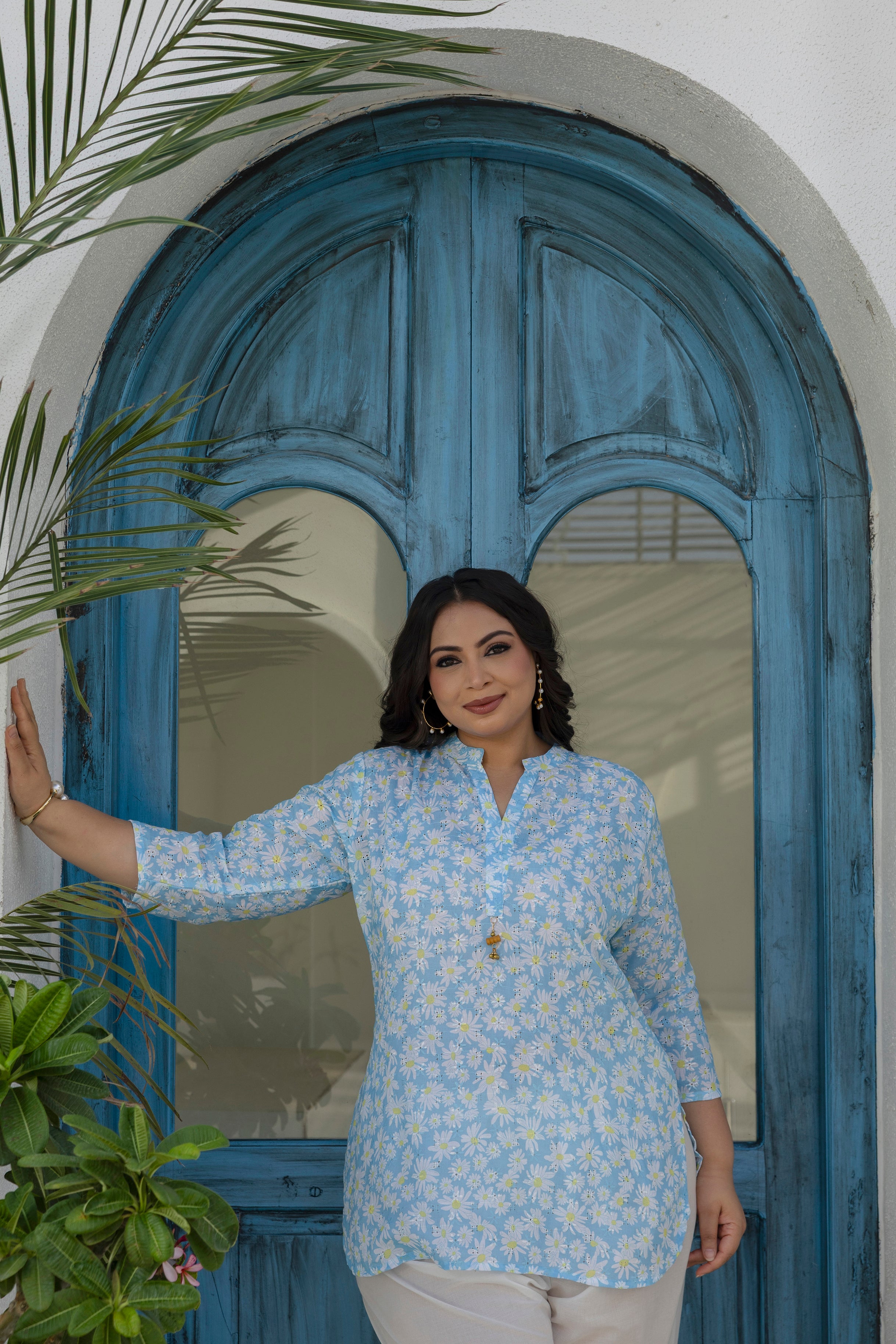 Sky Blue Daisy Bloom Short Co-ord Set with Farsi Salwar