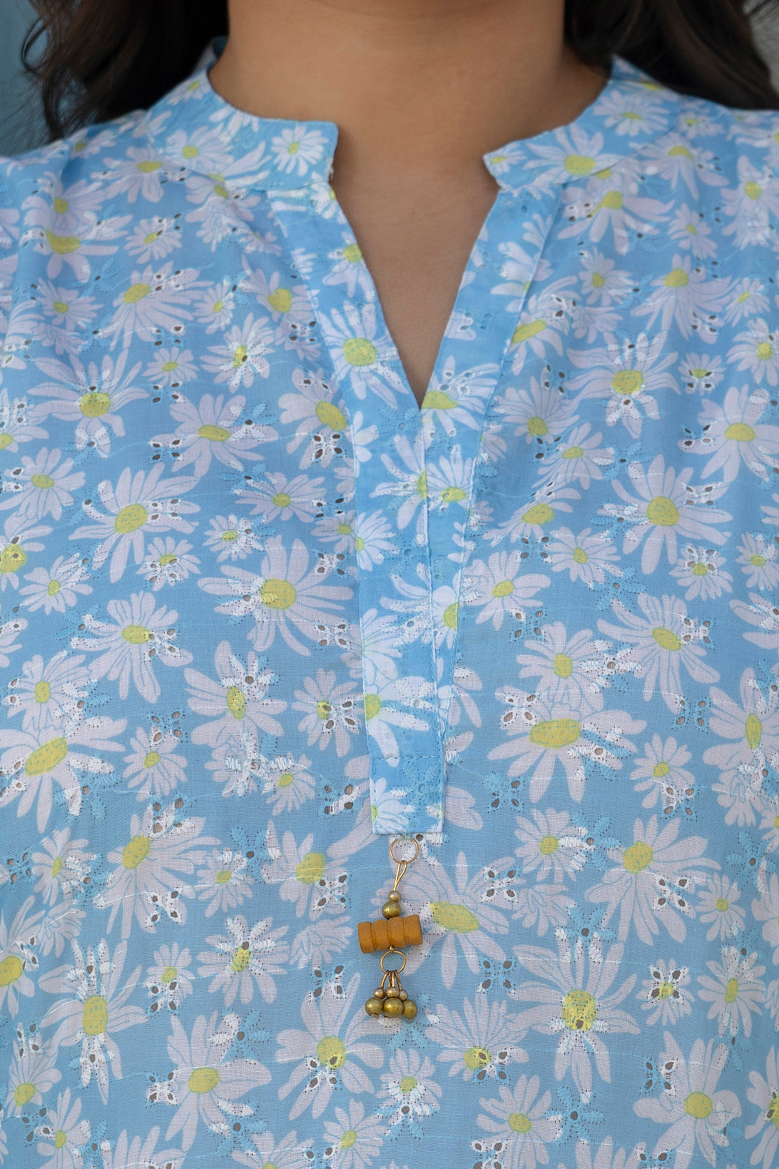 Sky Blue Daisy Bloom Short Co-ord Set with Farsi Salwar