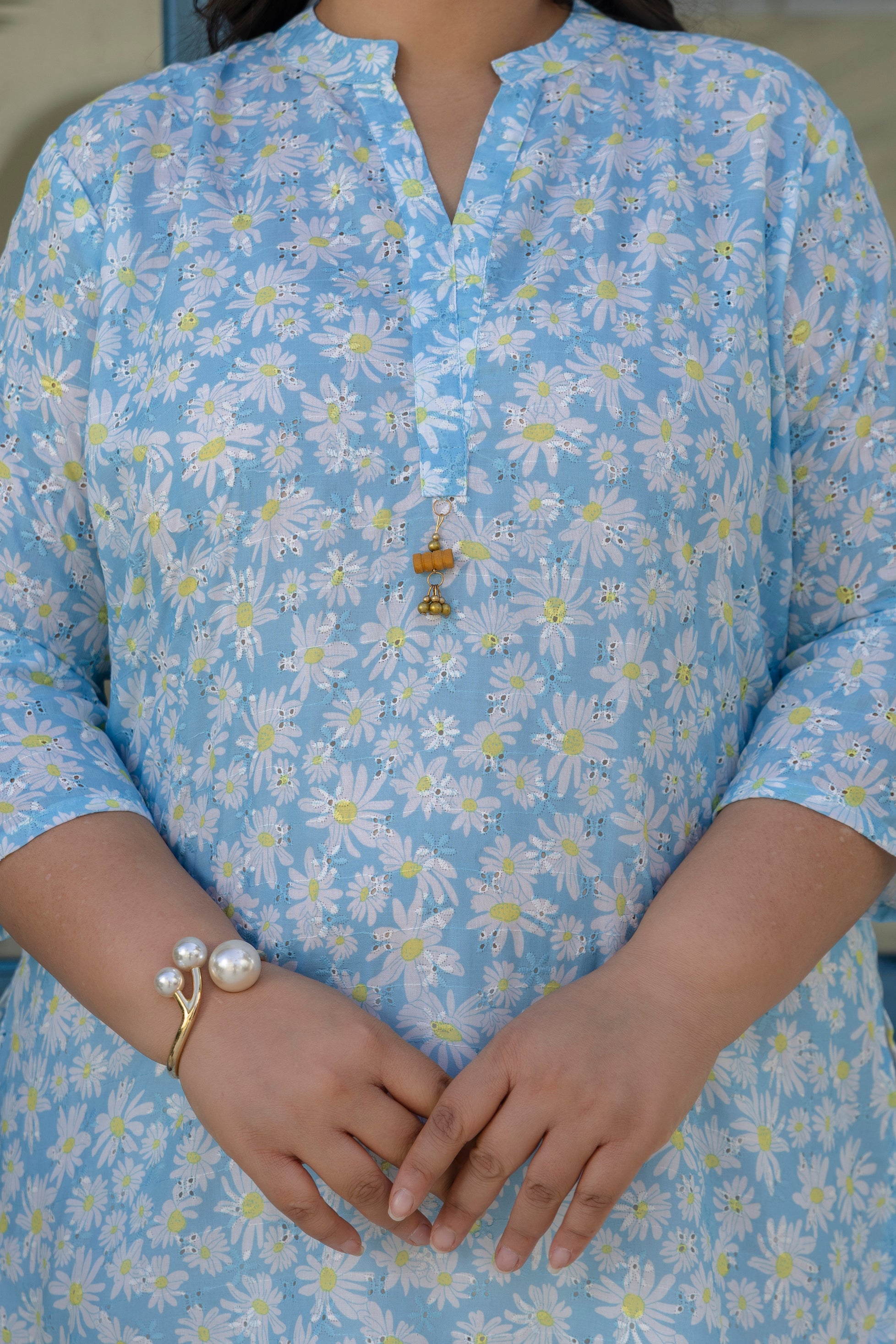 Sky Blue Daisy Bloom Short Co-ord Set with Farsi Salwar