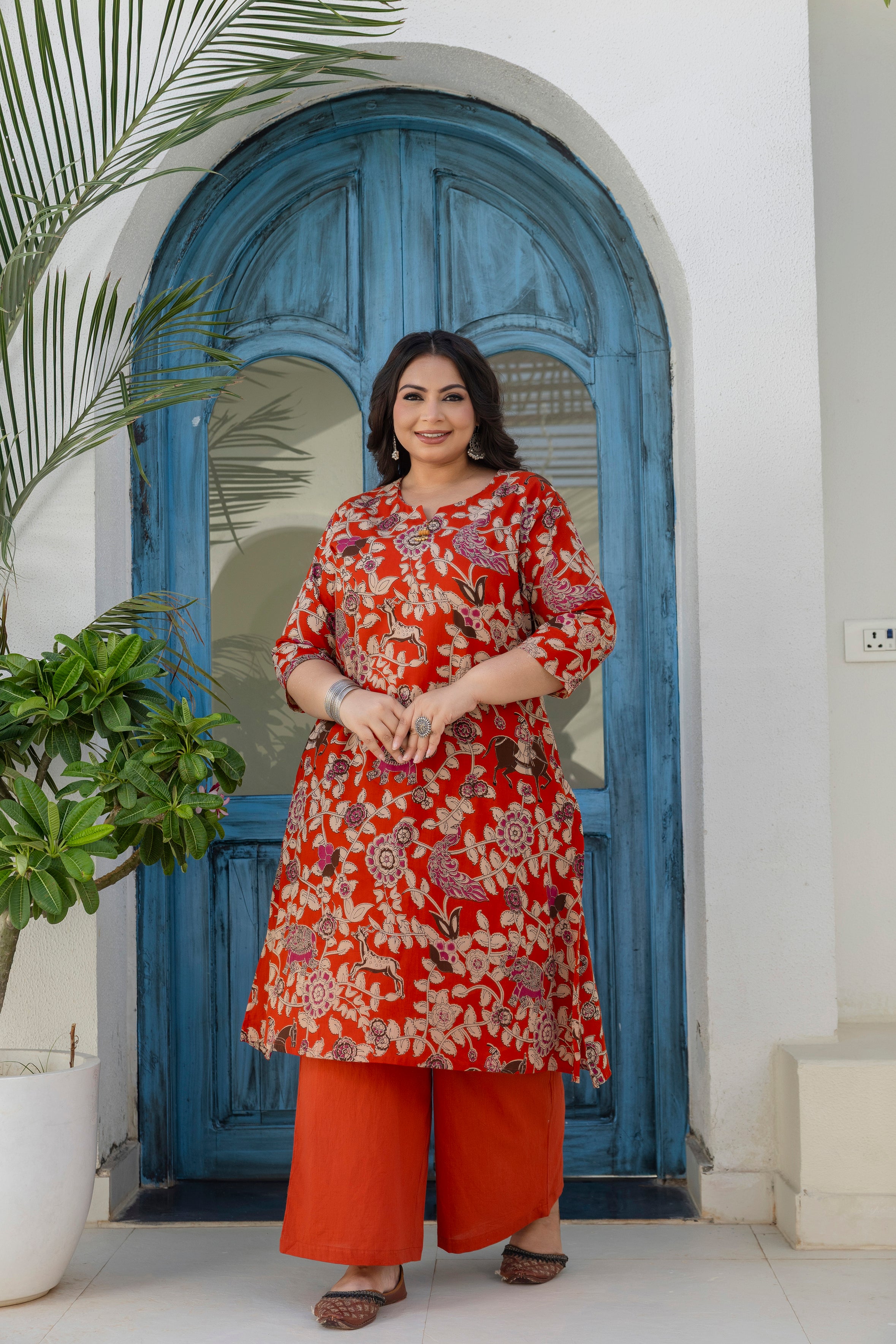 Red Printed Cotton Kurta Palazzo Set