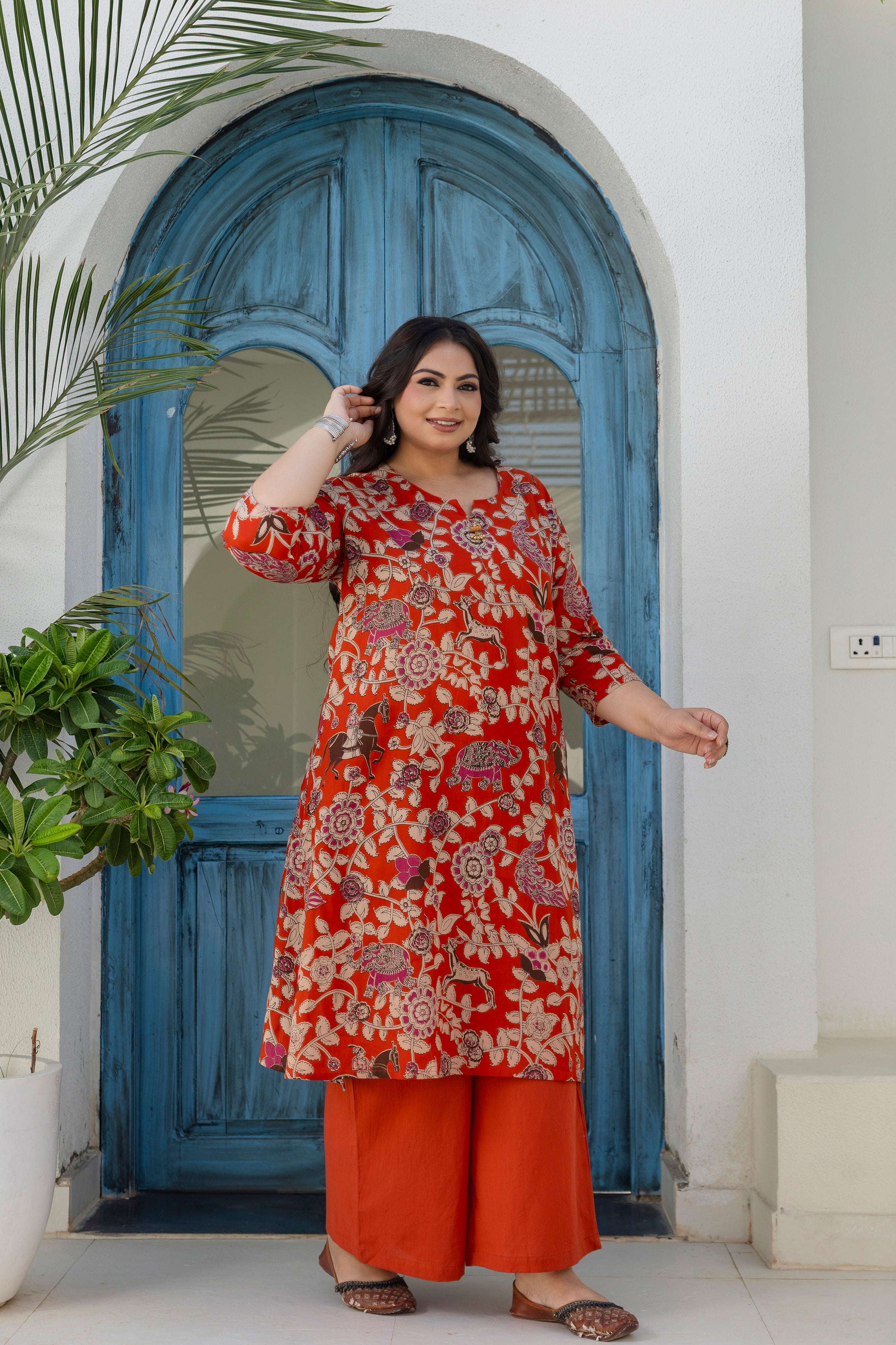 Red Printed Cotton Kurta Palazzo Set