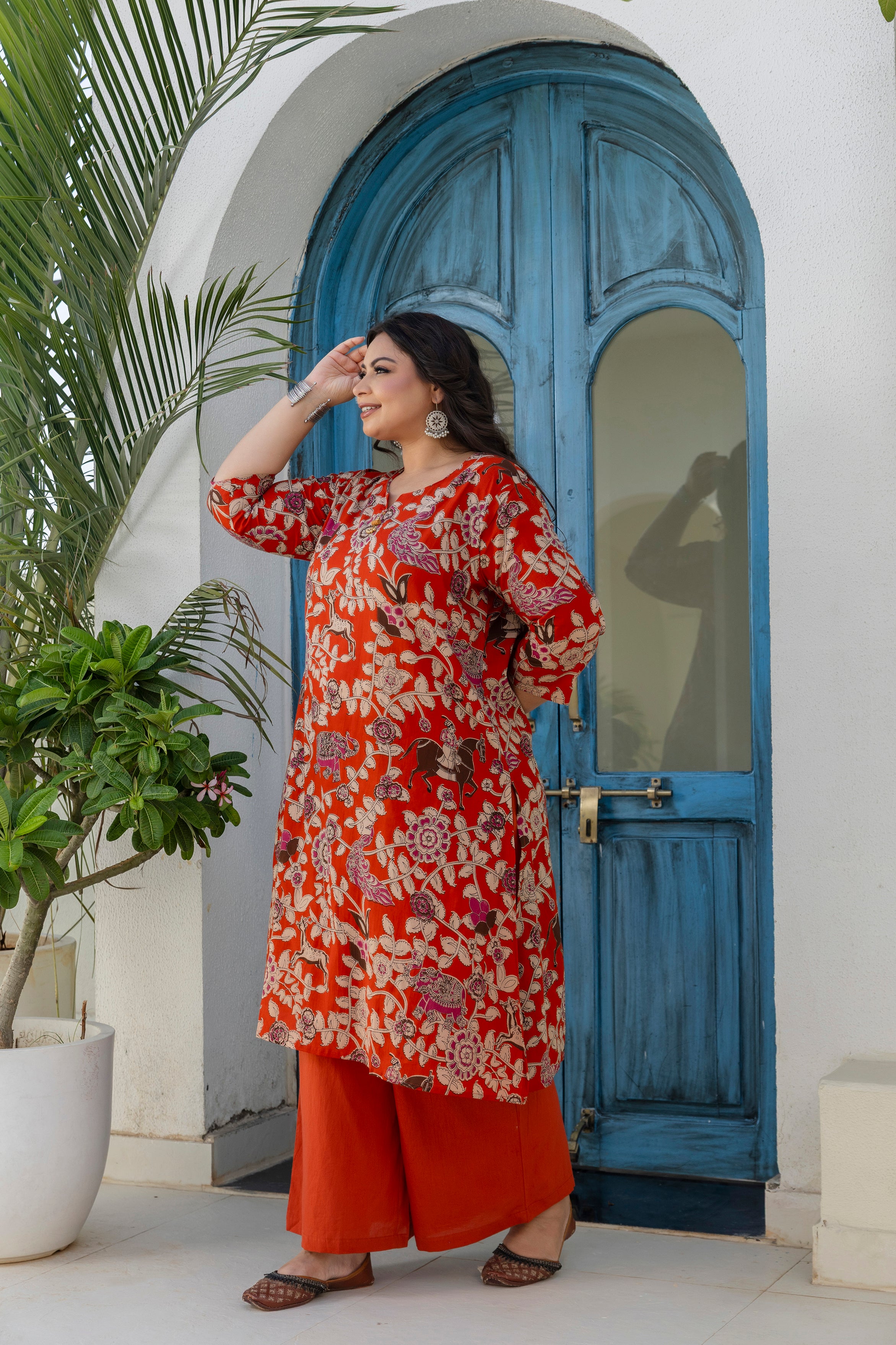 Red Printed Cotton Kurta Palazzo Set
