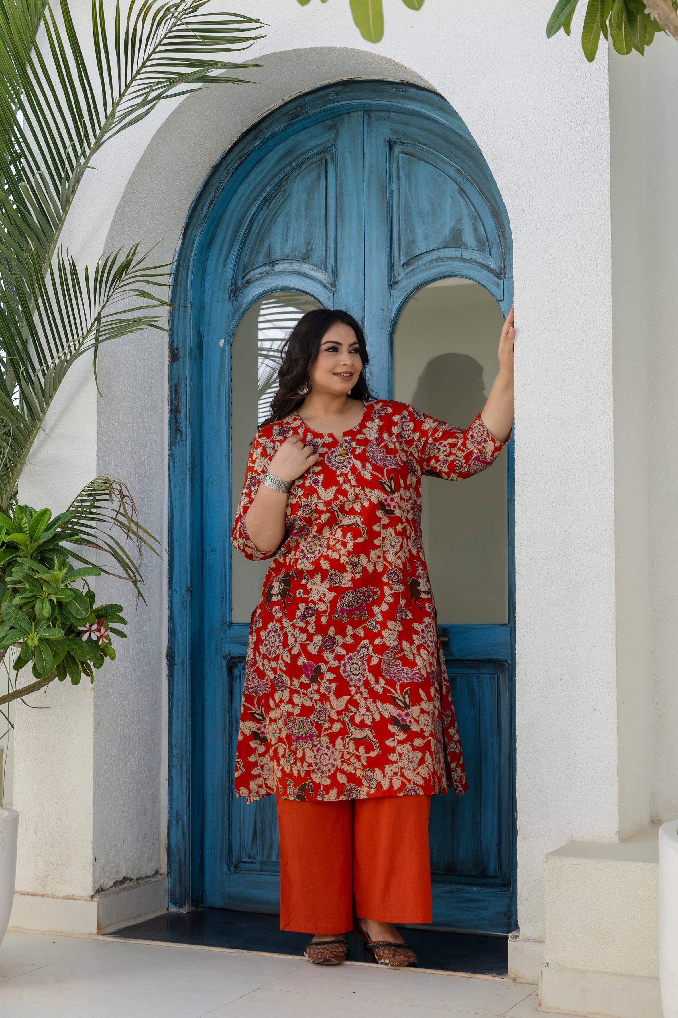 Red Printed Cotton Kurta Palazzo Set
