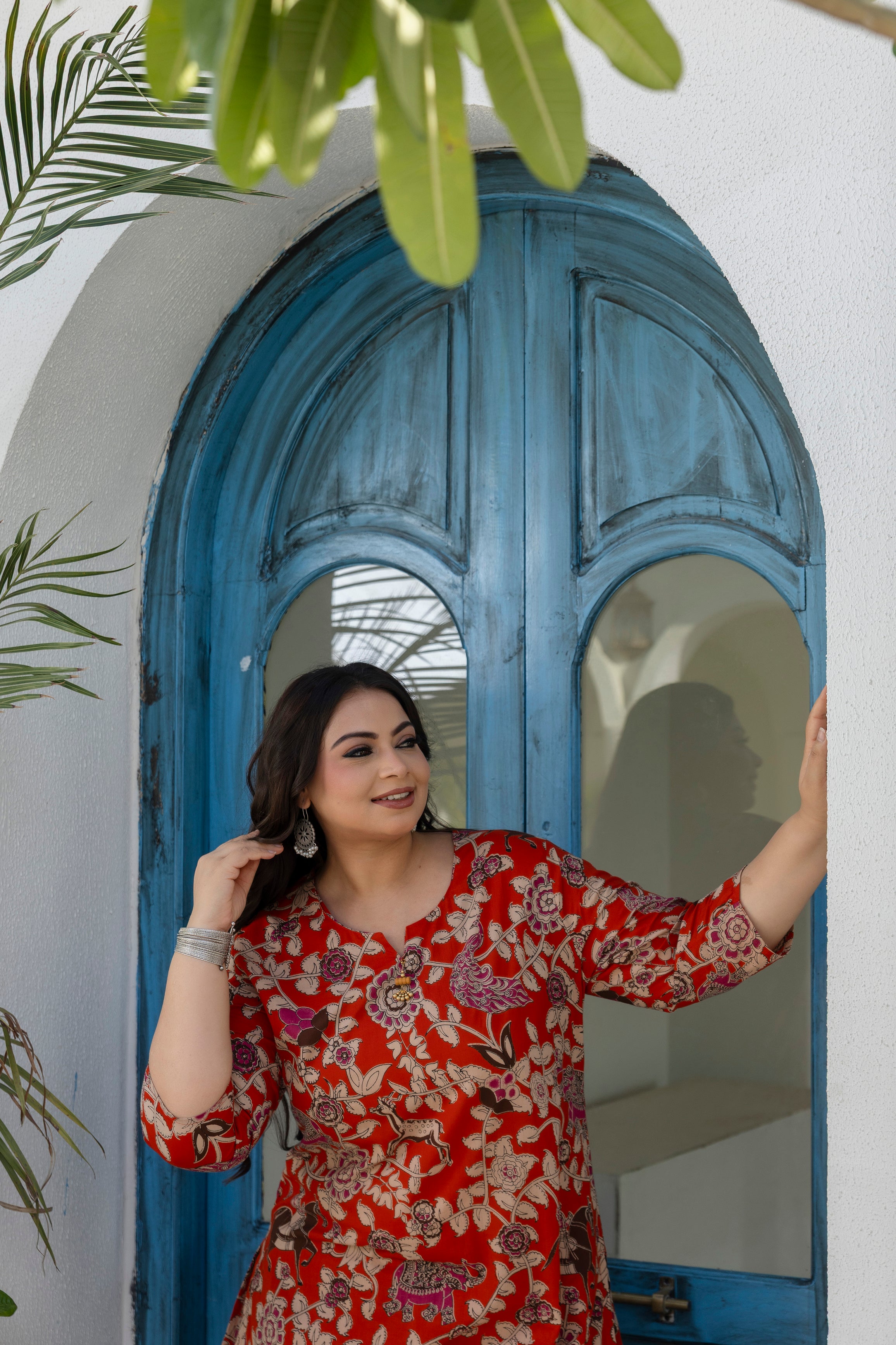 Red Printed Cotton Kurta Palazzo Set