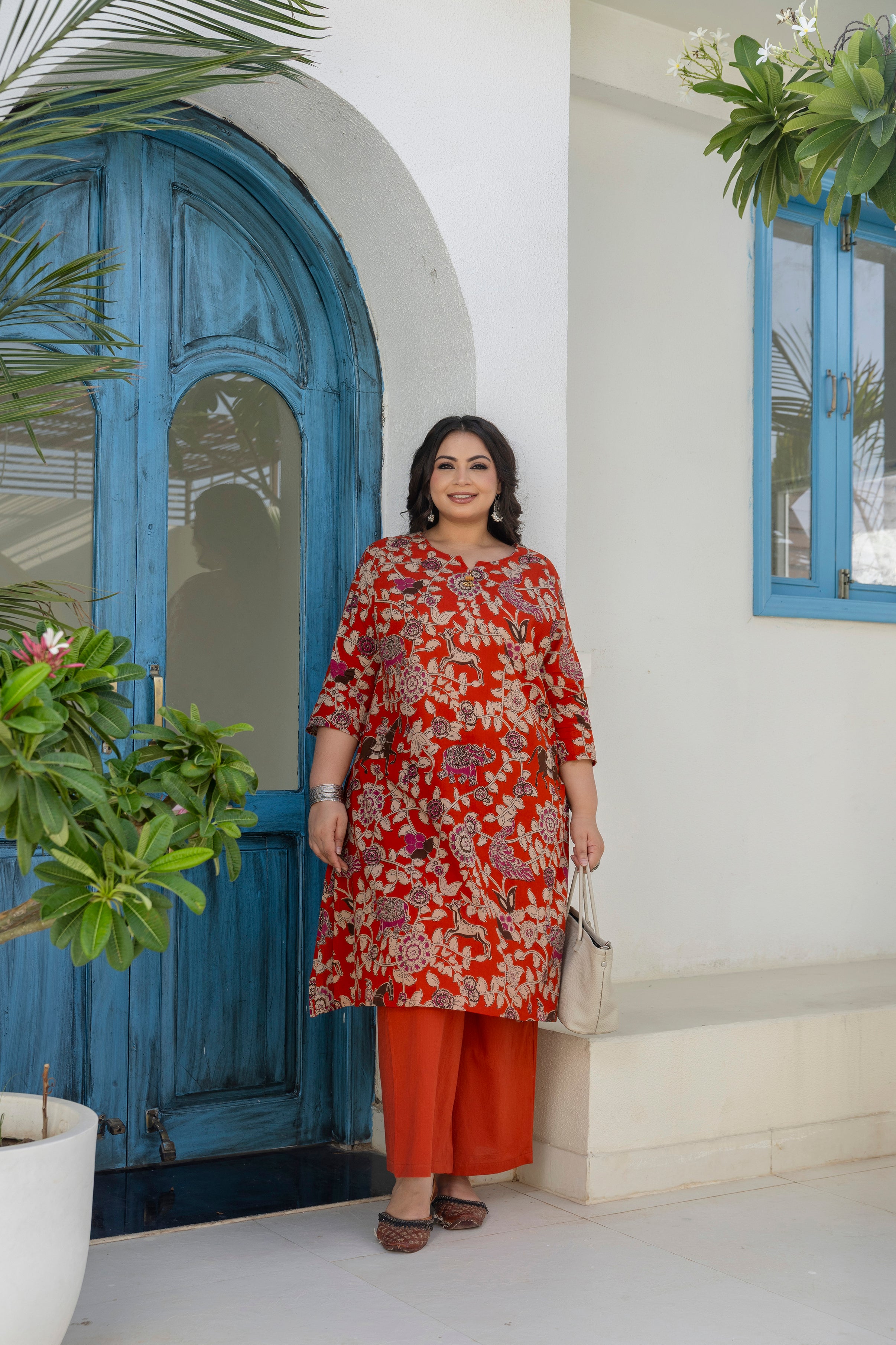 Red Printed Cotton Kurta Palazzo Set