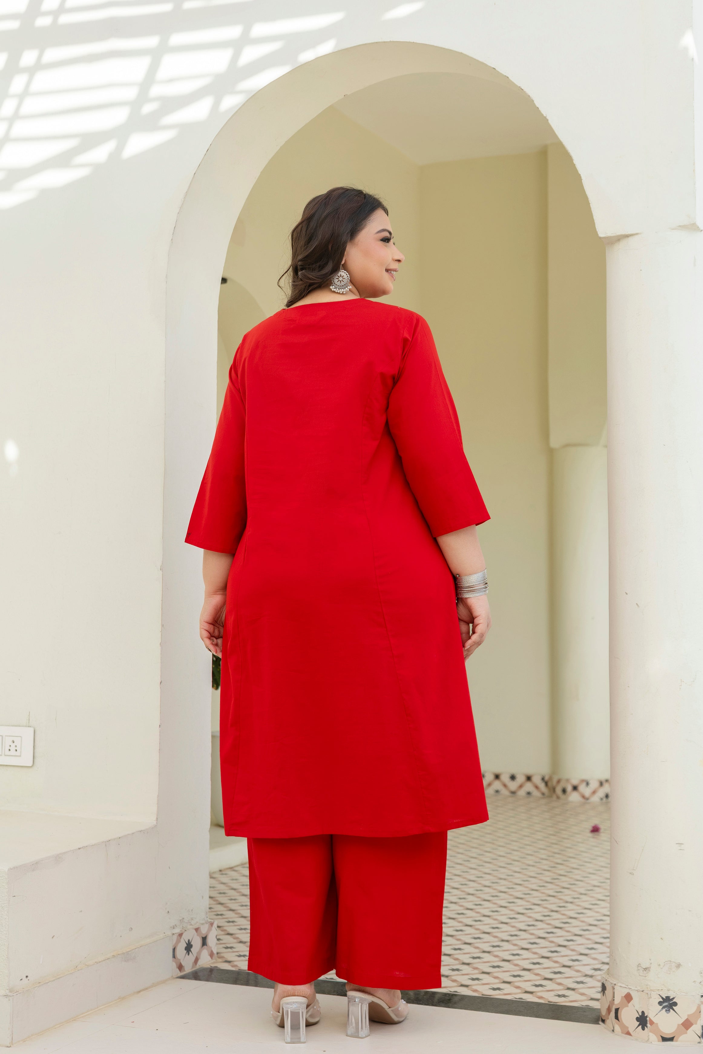 Red Hand Brush Painted Cotton Kurta Palazzo Set