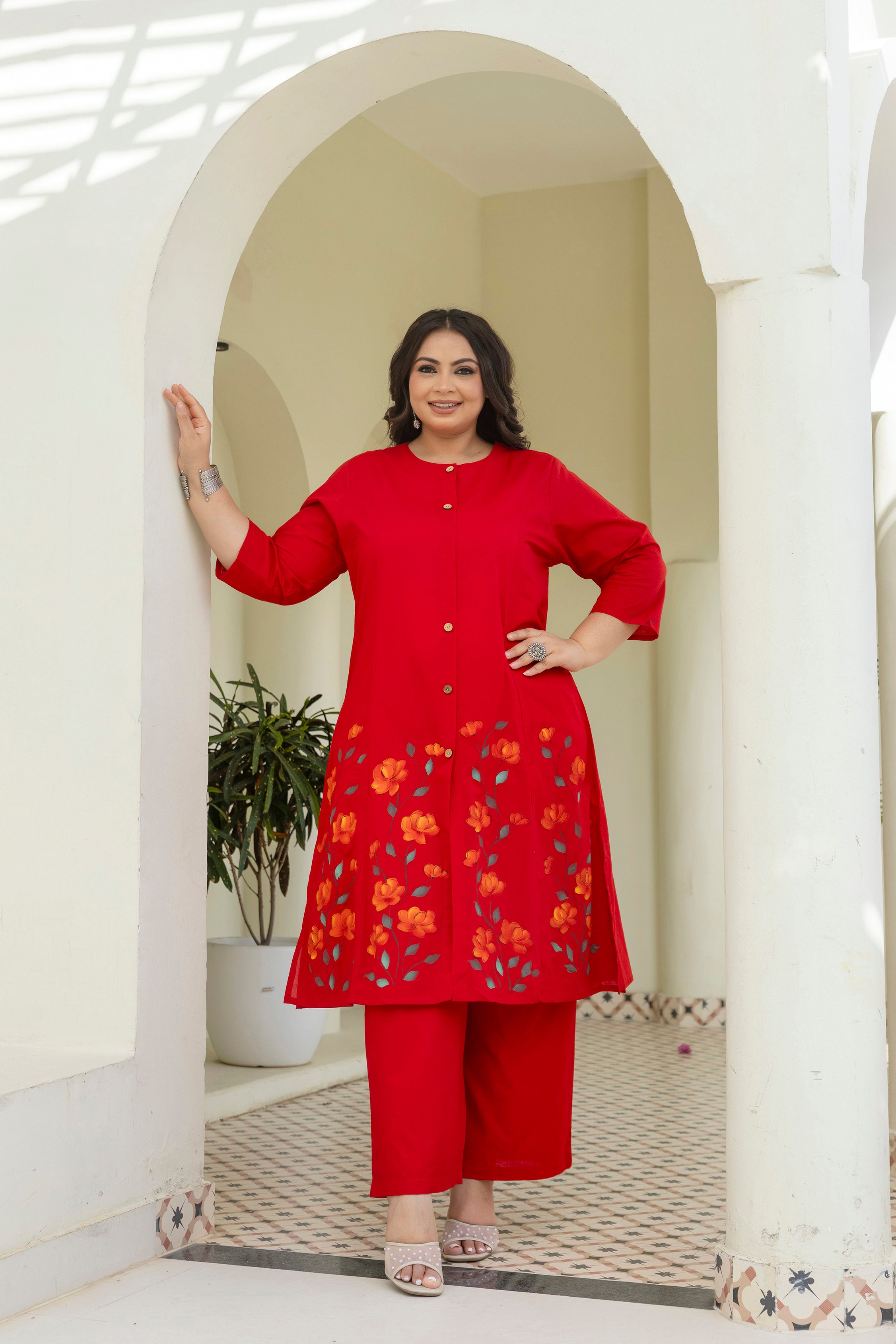 Red Hand Brush Painted Cotton Kurta Palazzo Set