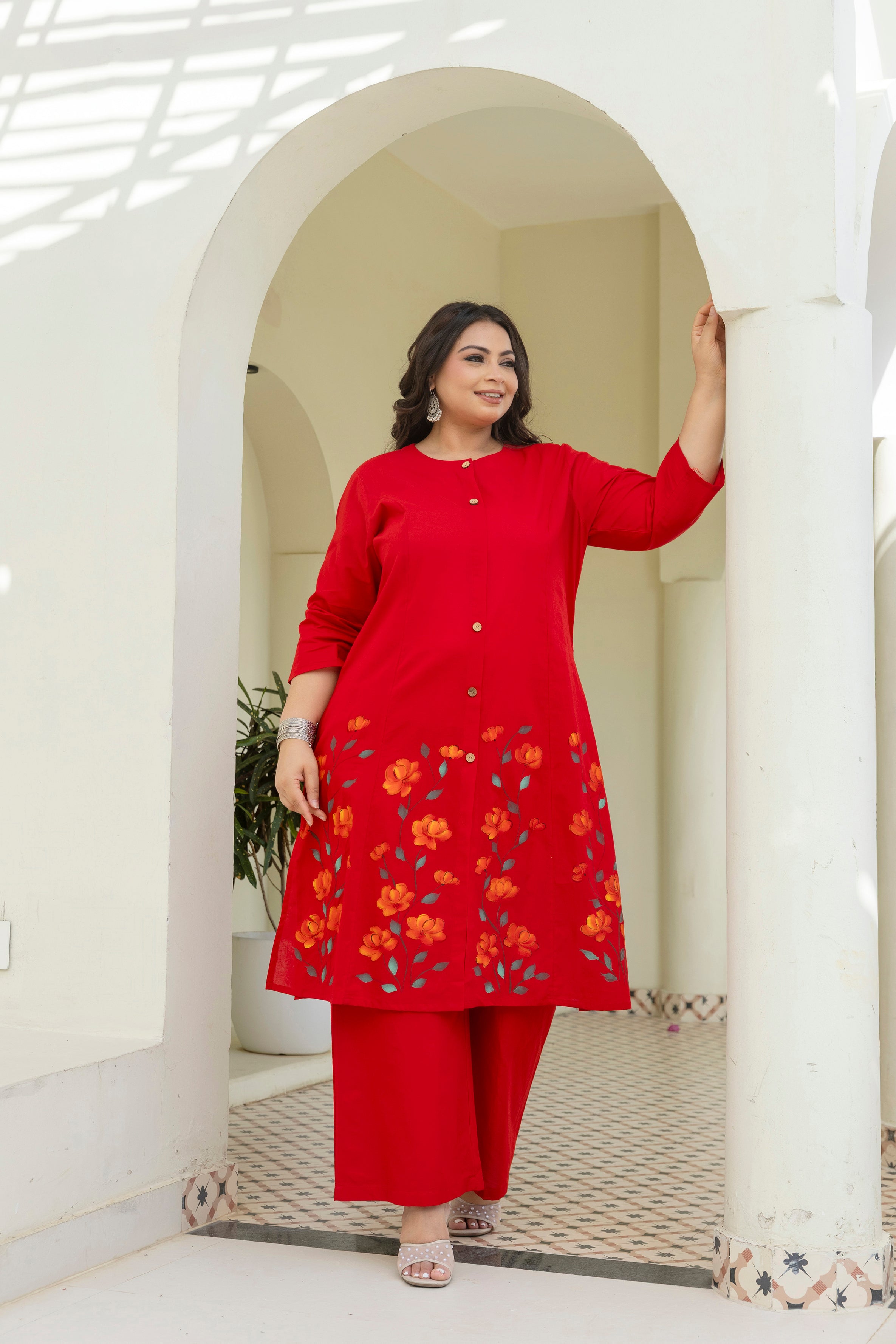 Red Hand Brush Painted Cotton Kurta Palazzo Set