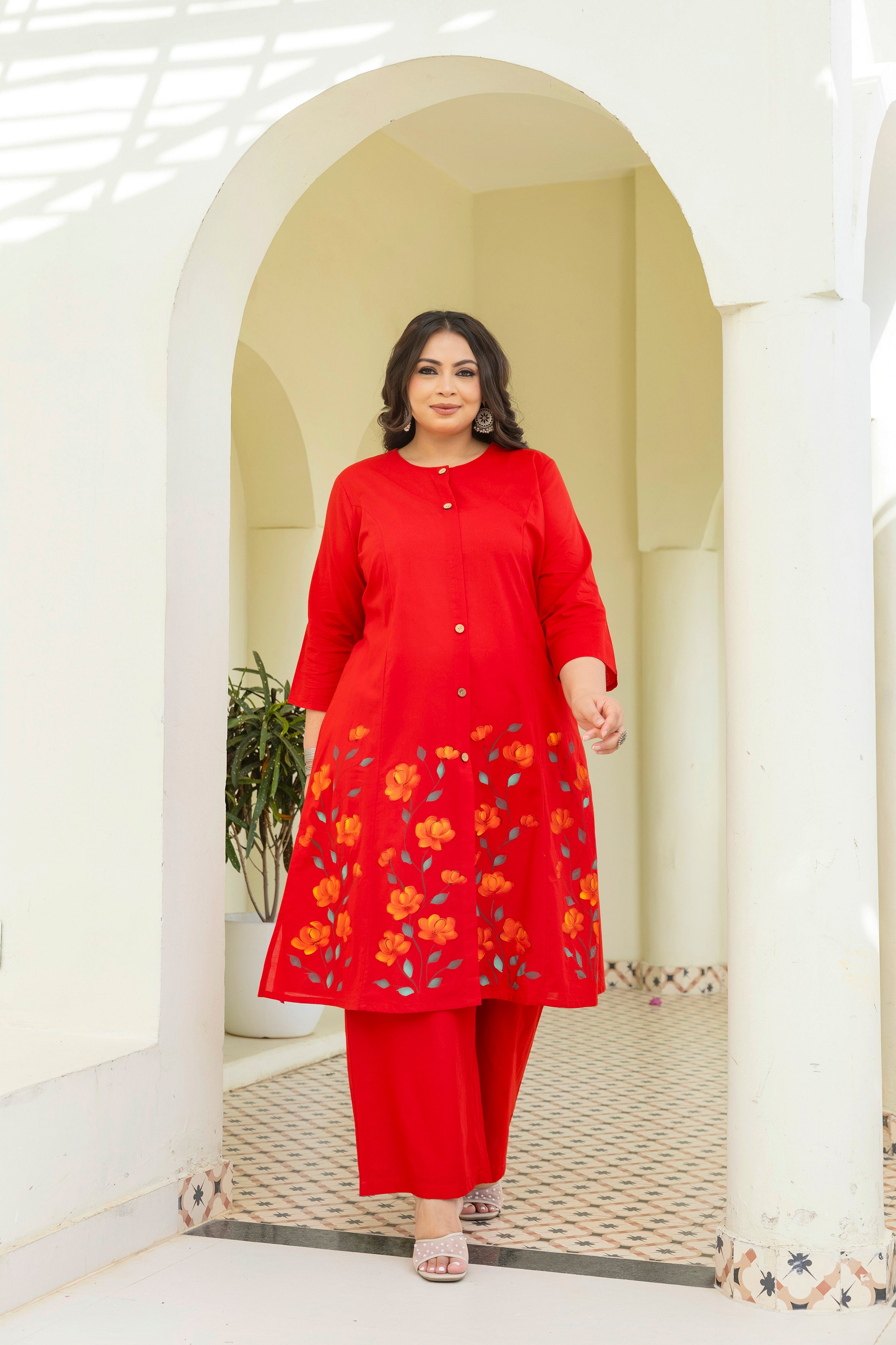 Red Hand Brush Painted Cotton Kurta Palazzo Set