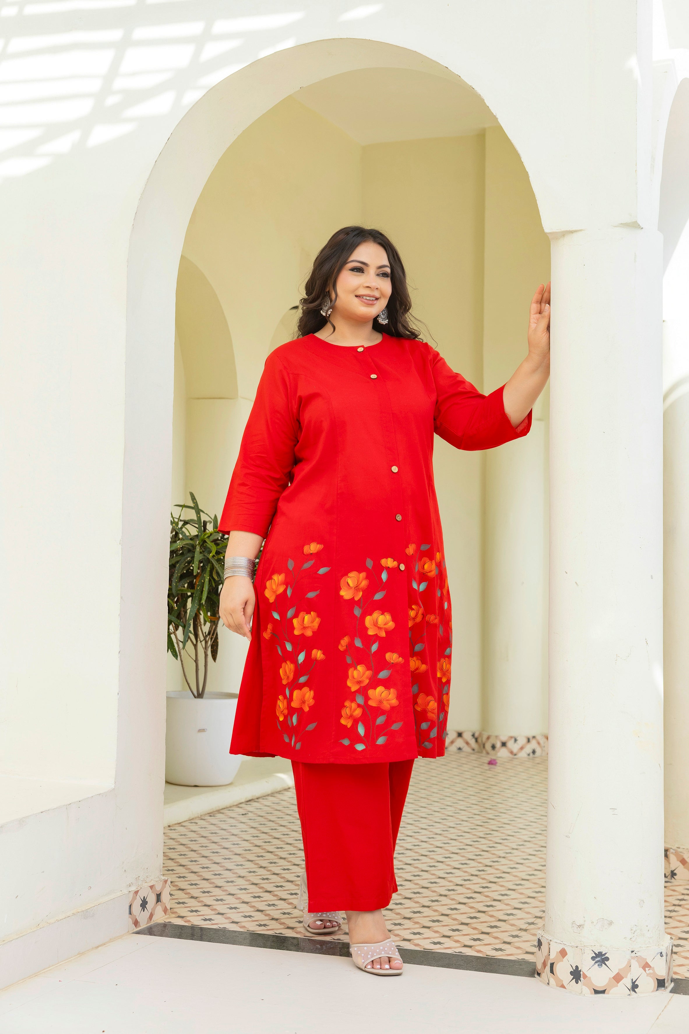 Red Hand Brush Painted Cotton Kurta Palazzo Set