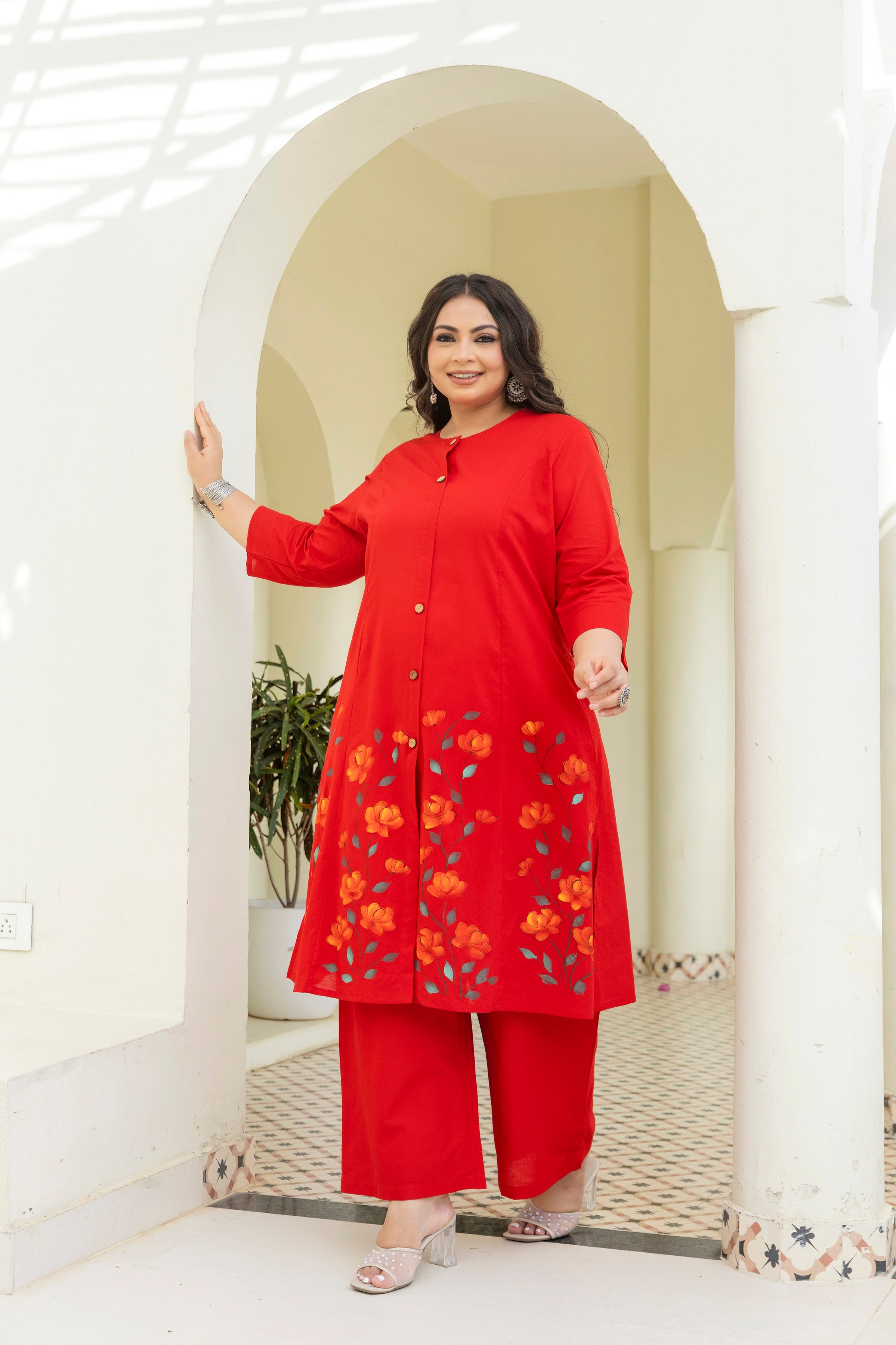 Red Hand Brush Painted Cotton Kurta Palazzo Set