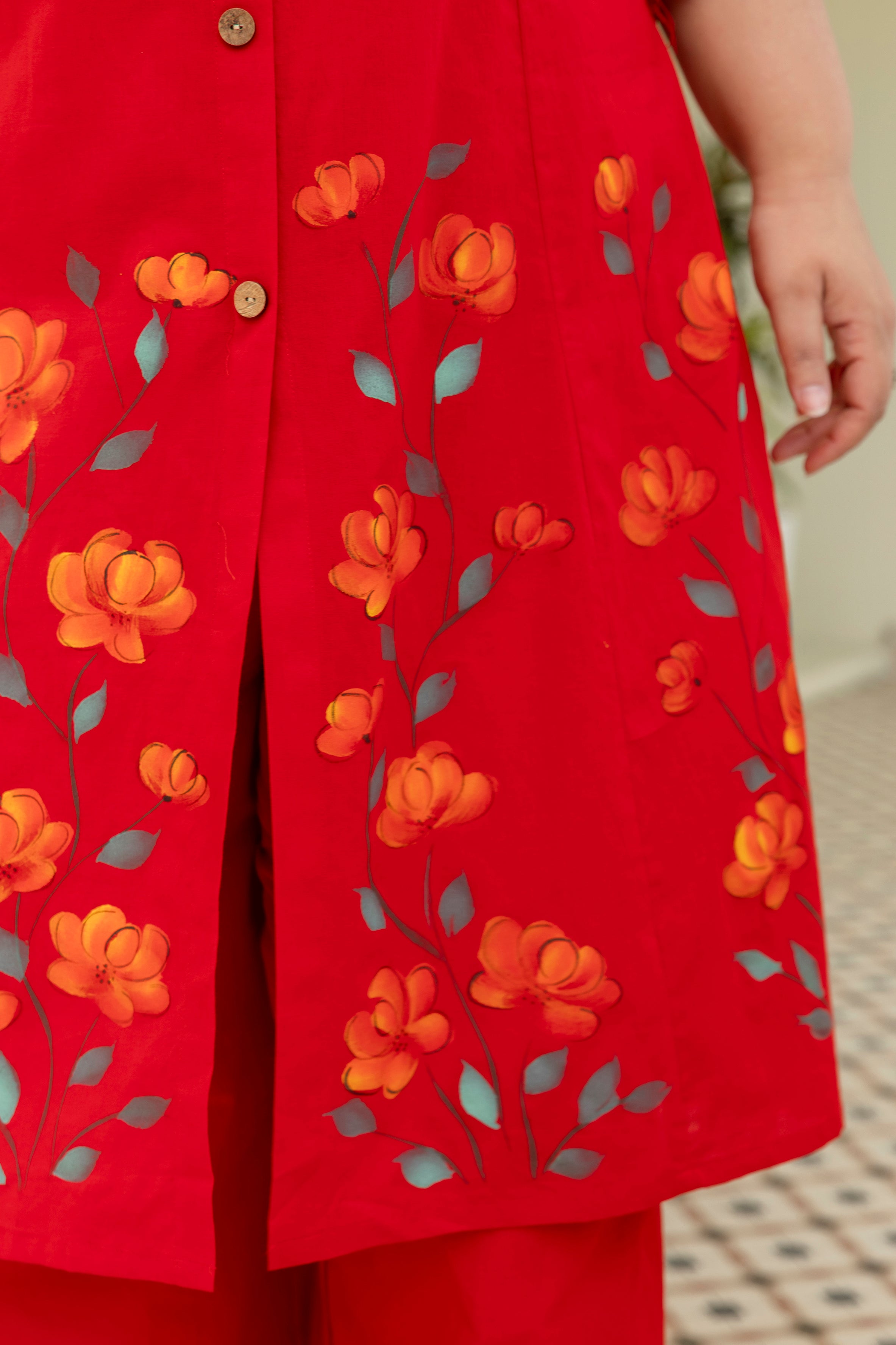 Red Hand Brush Painted Cotton Kurta Palazzo Set