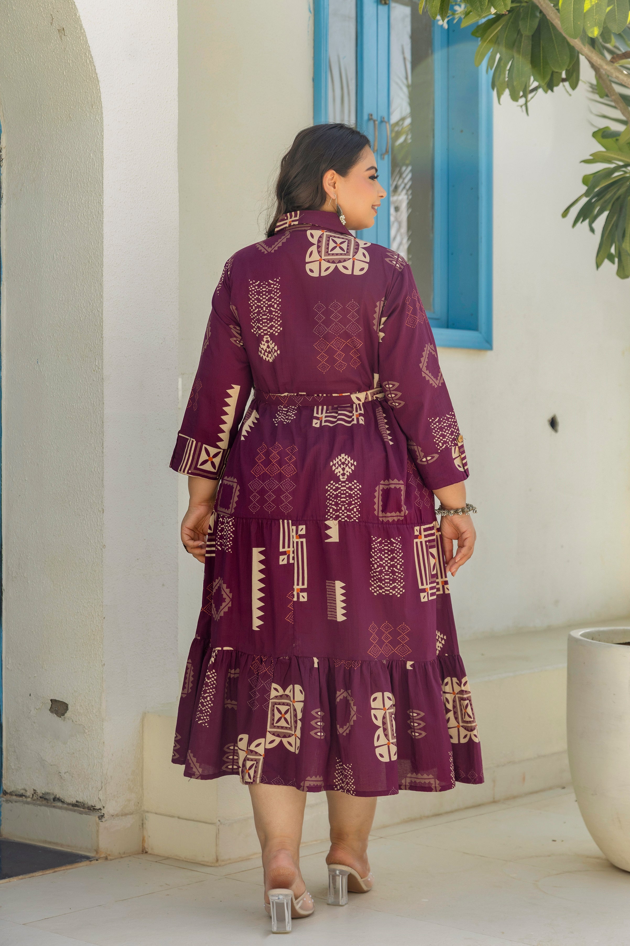 Wine Floral Dress With Front Belt