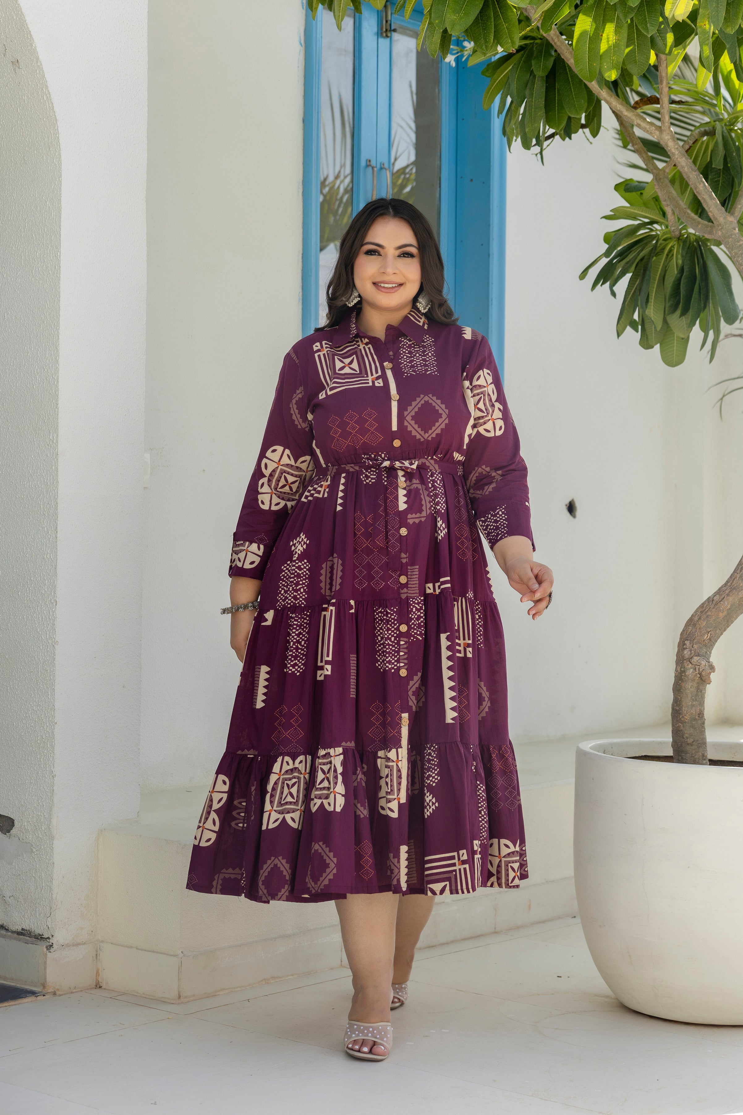 Wine Floral Dress With Front Belt