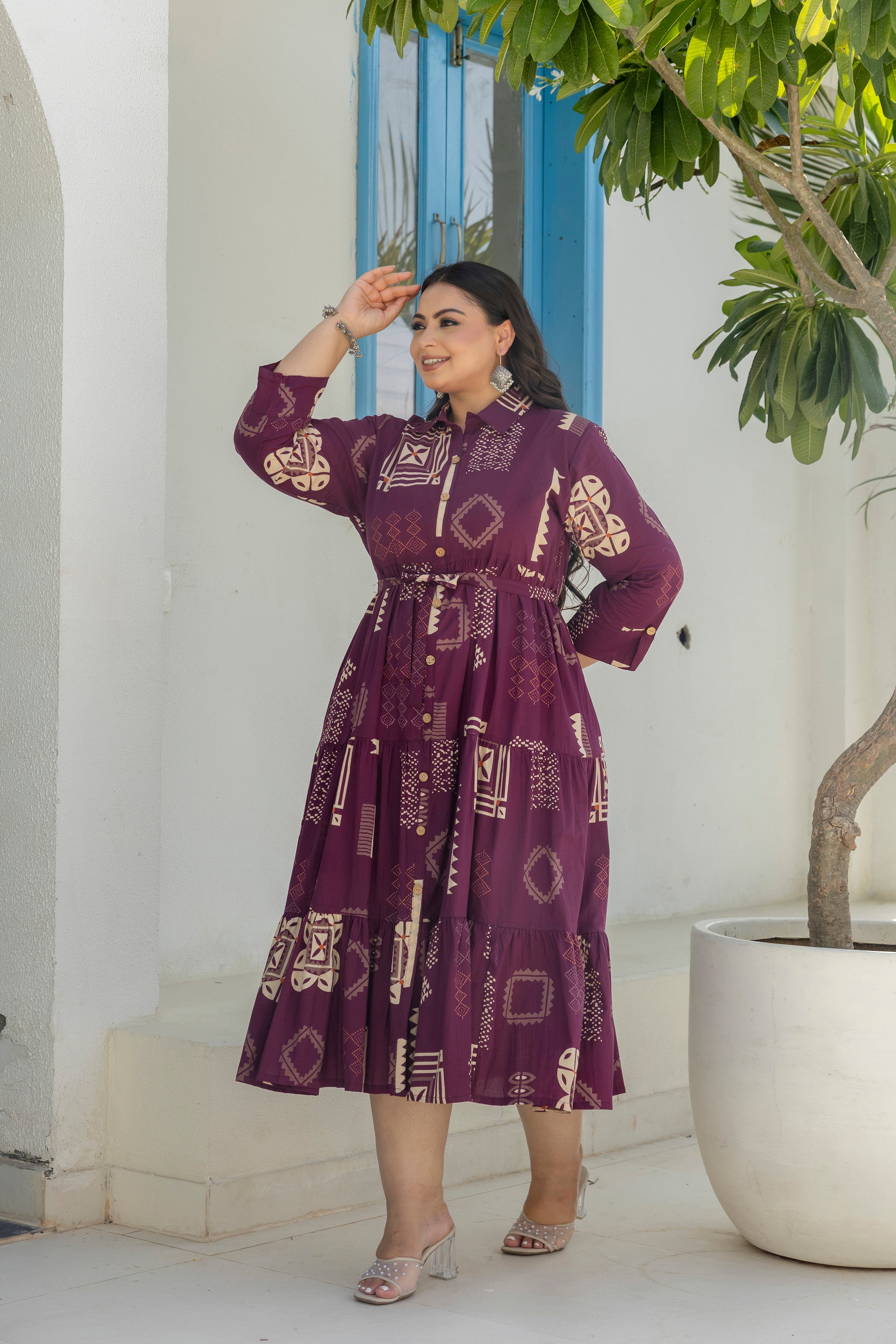 Wine Floral Dress With Front Belt