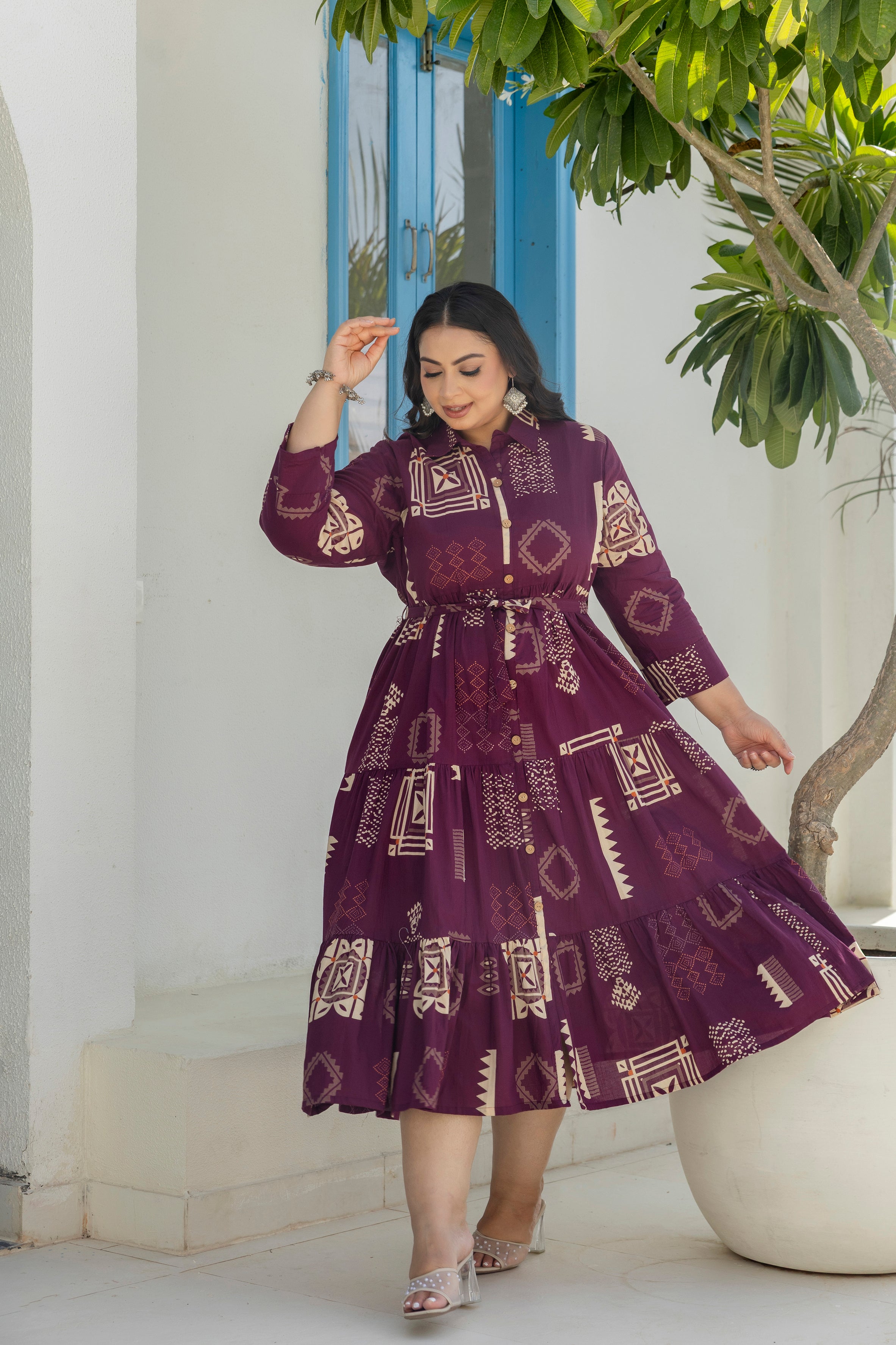 Wine Floral Dress With Front Belt