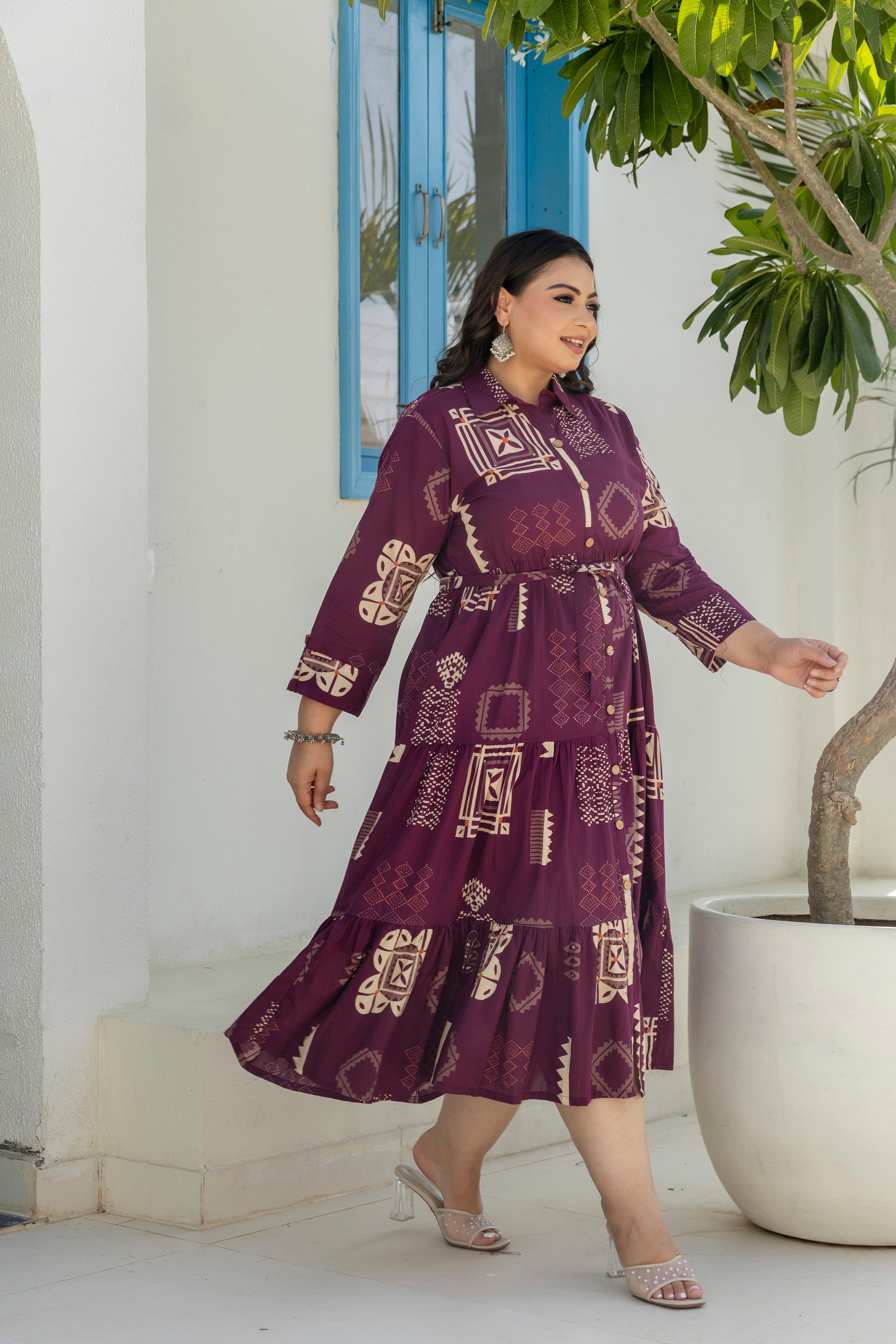 Wine Floral Dress With Front Belt