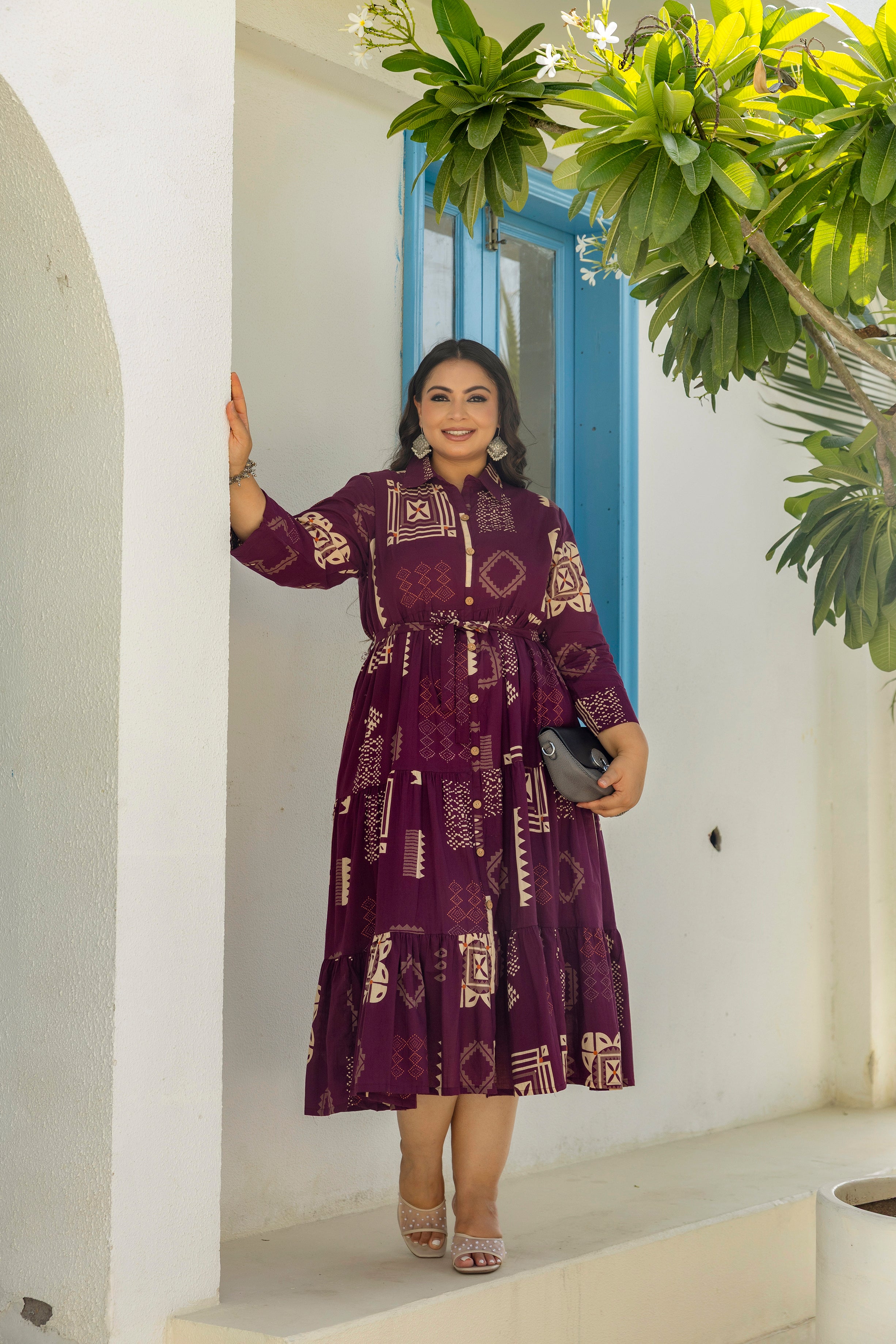 Wine Floral Dress With Front Belt