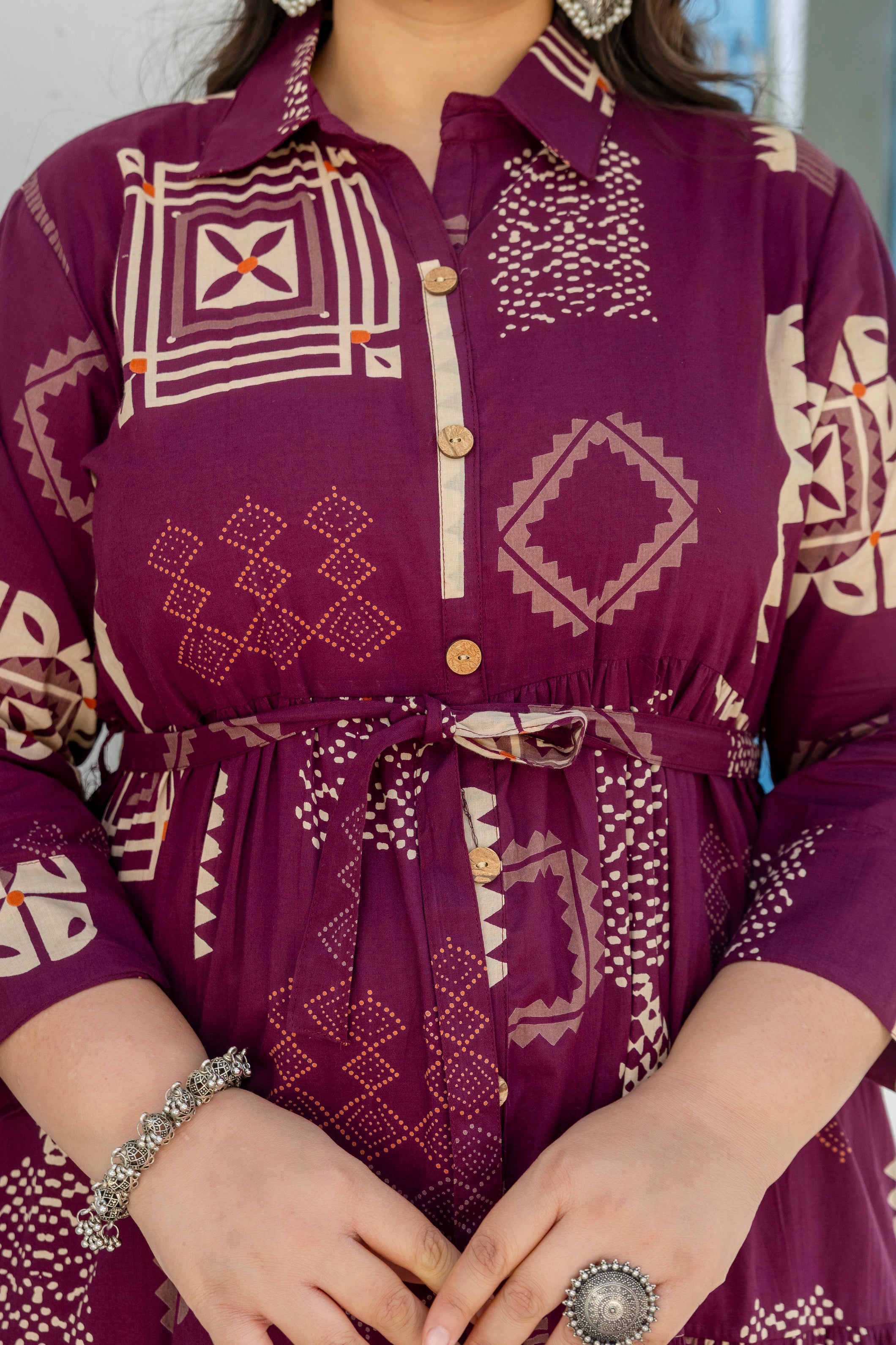 Wine Floral Dress With Front Belt